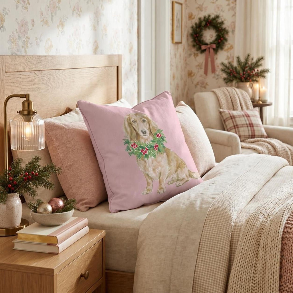 Dachshund Berry Wreath Throw Pillow throw pillow - Hillcroft Home