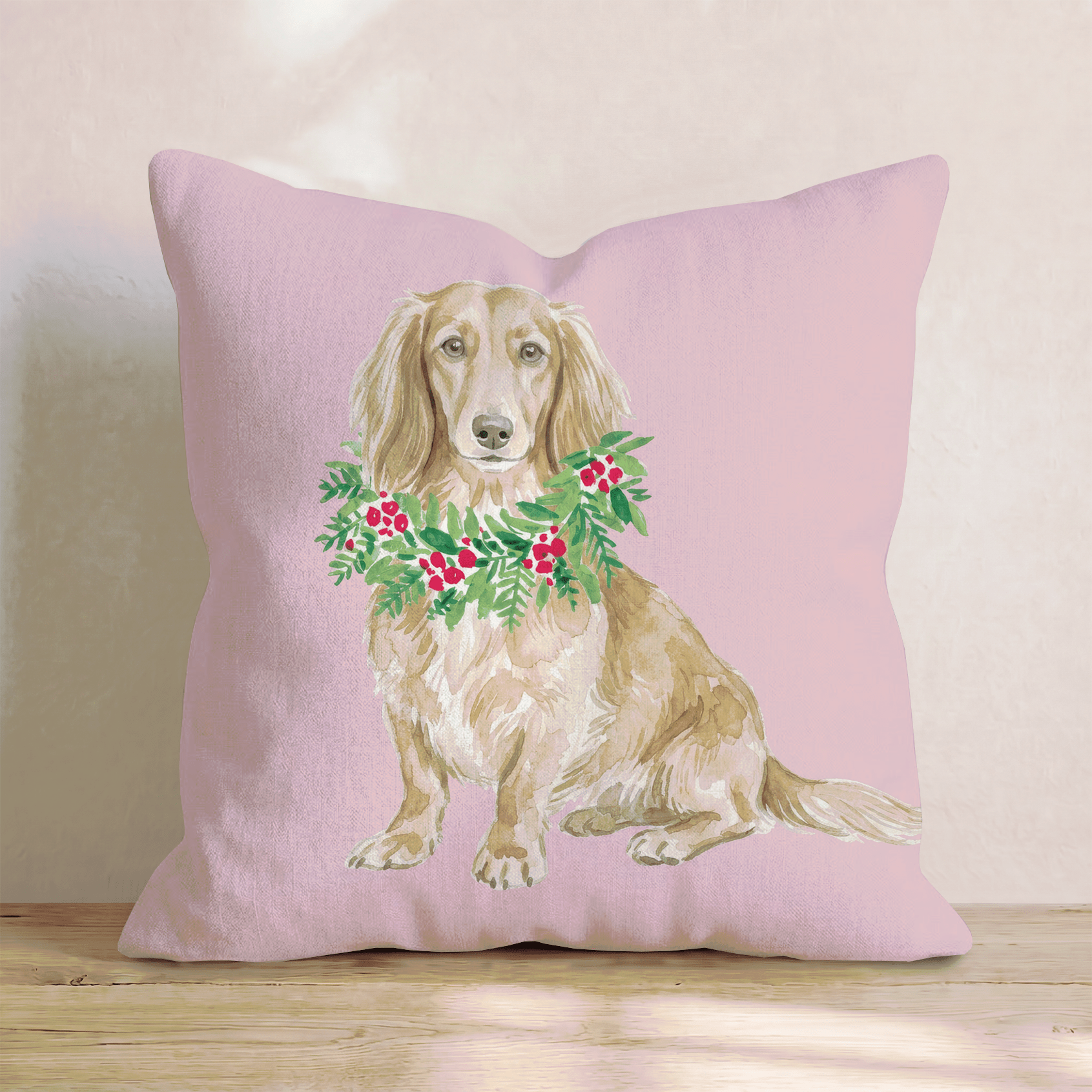 Dachshund Berry Wreath Throw Pillow - Hillcroft Home