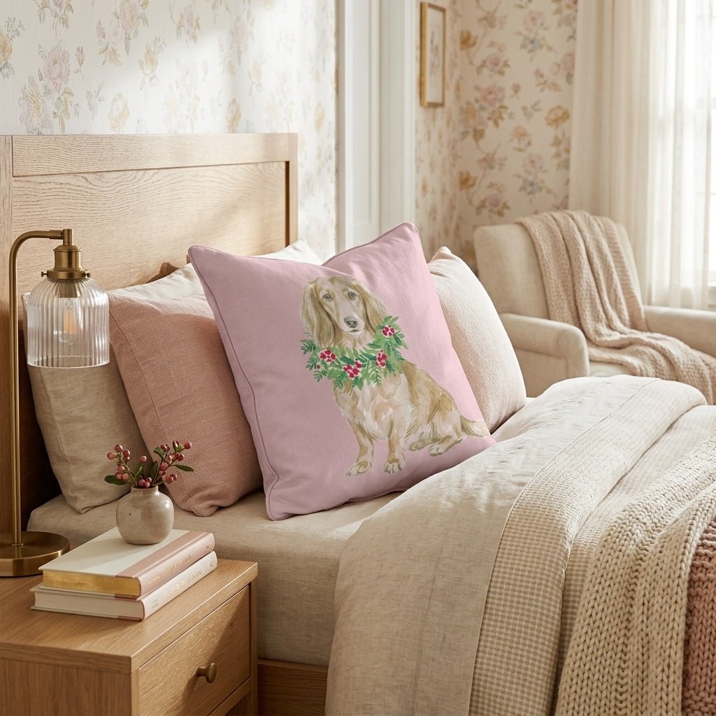 Dachshund Berry Wreath Throw Pillow - Hillcroft Home