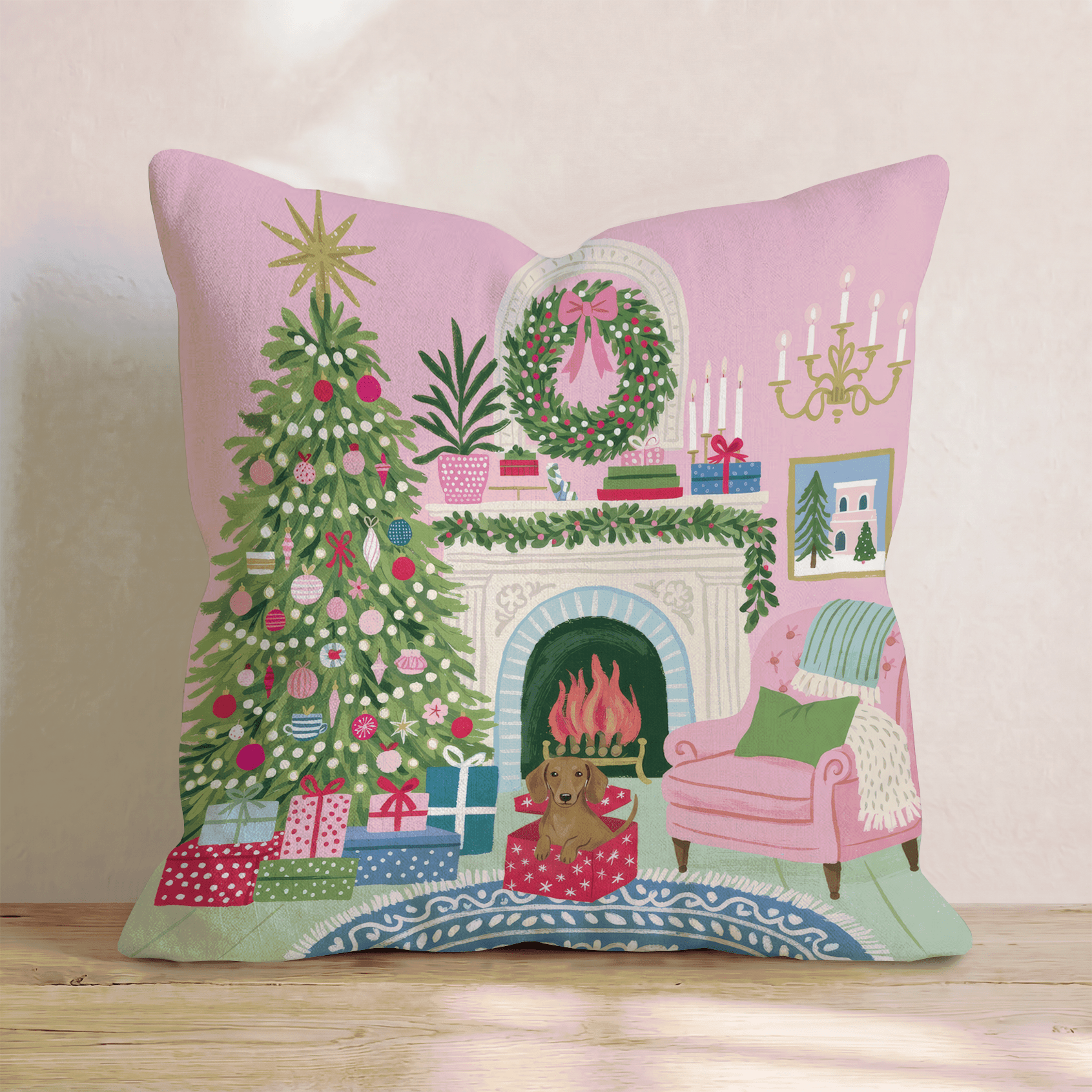 Dachshund Christmas Parlor Throw Pillow - Hillcroft Home