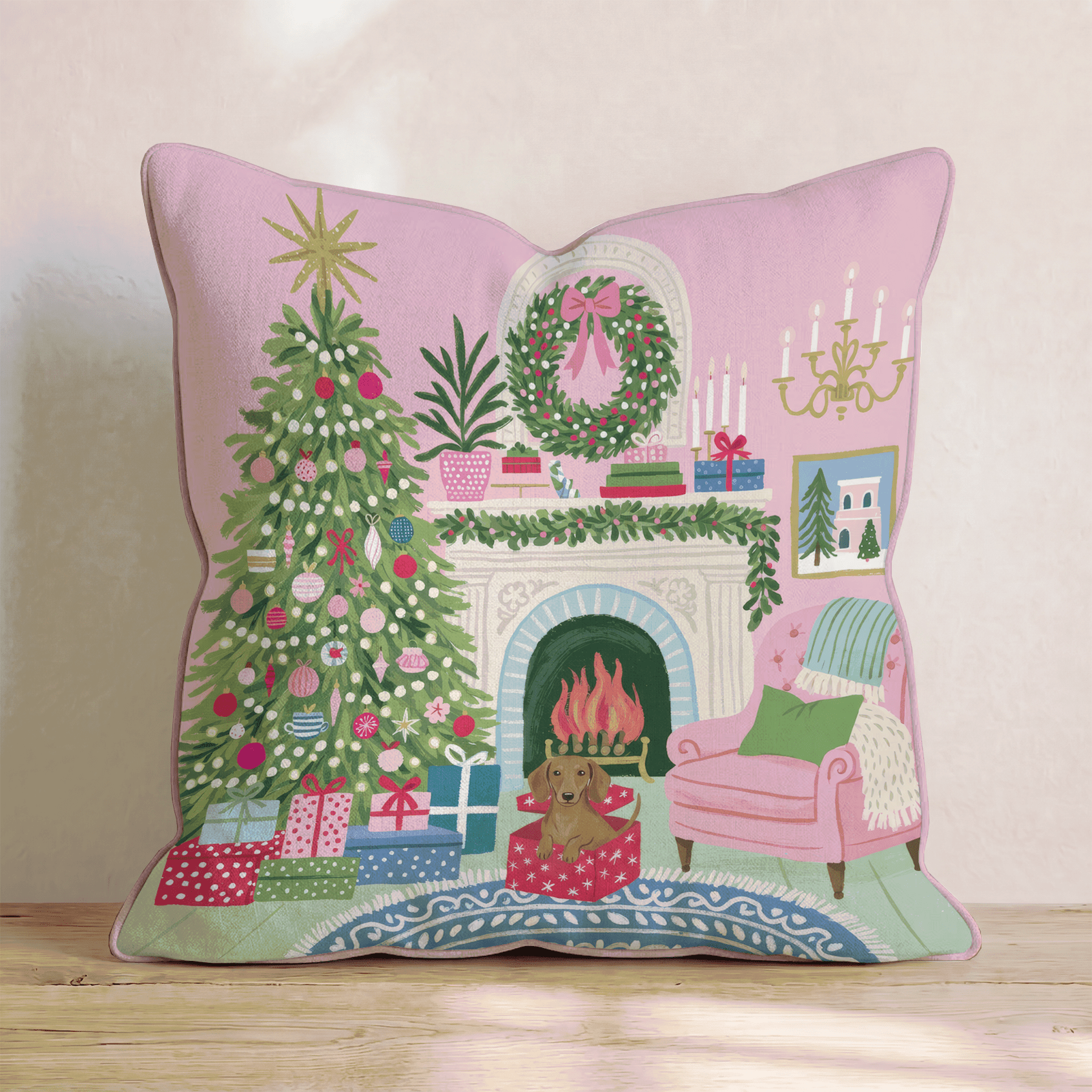 Dachshund Christmas Parlor Throw Pillow - Hillcroft Home