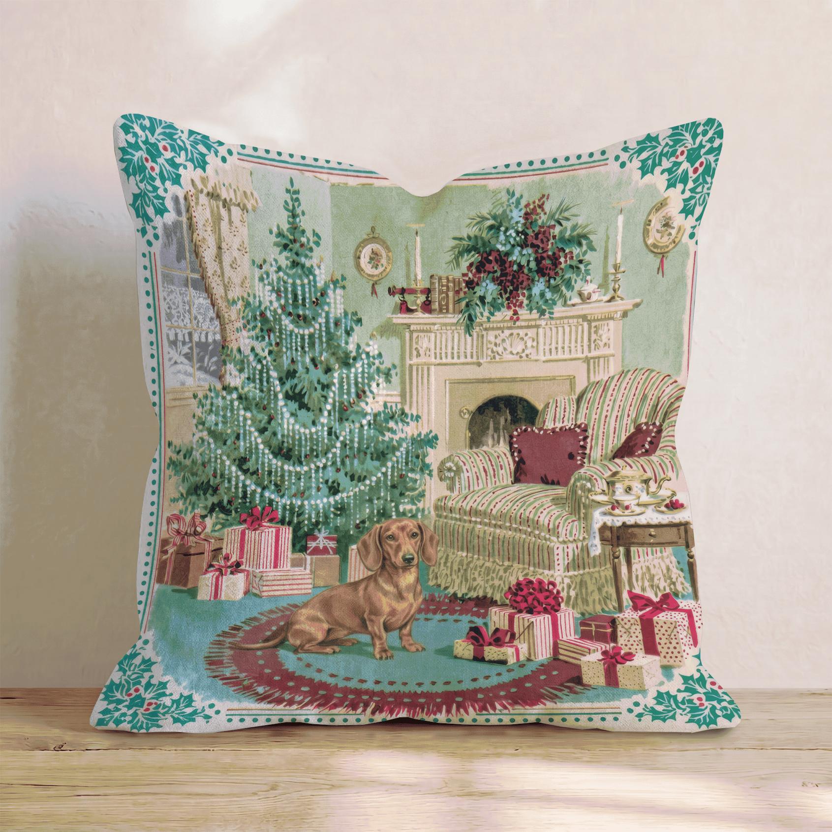Dachshund Holly Parlor Throw Pillow - Hillcroft Home