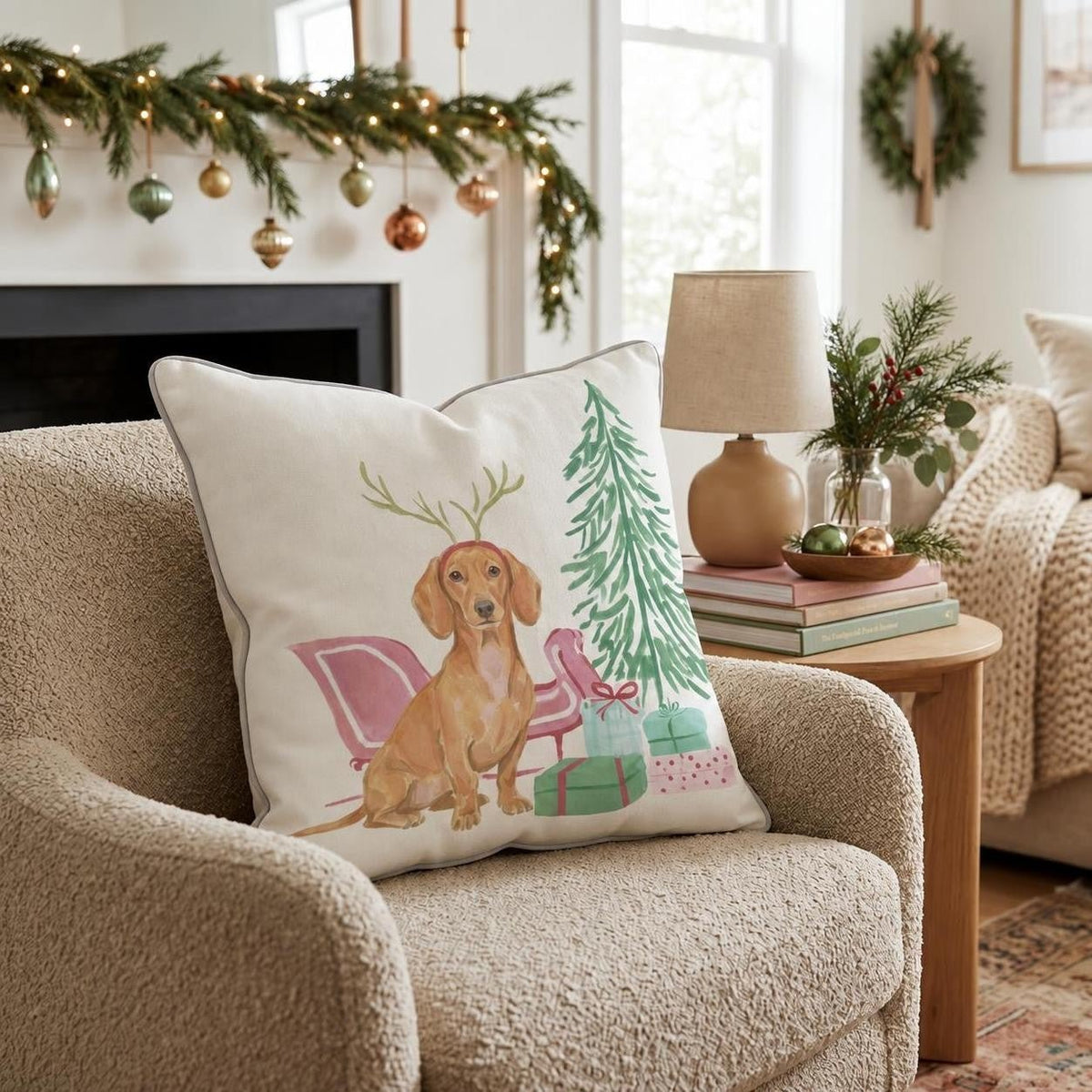Dachshund Sleigh Ride Throw Pillow throw pillow - Hillcroft Home