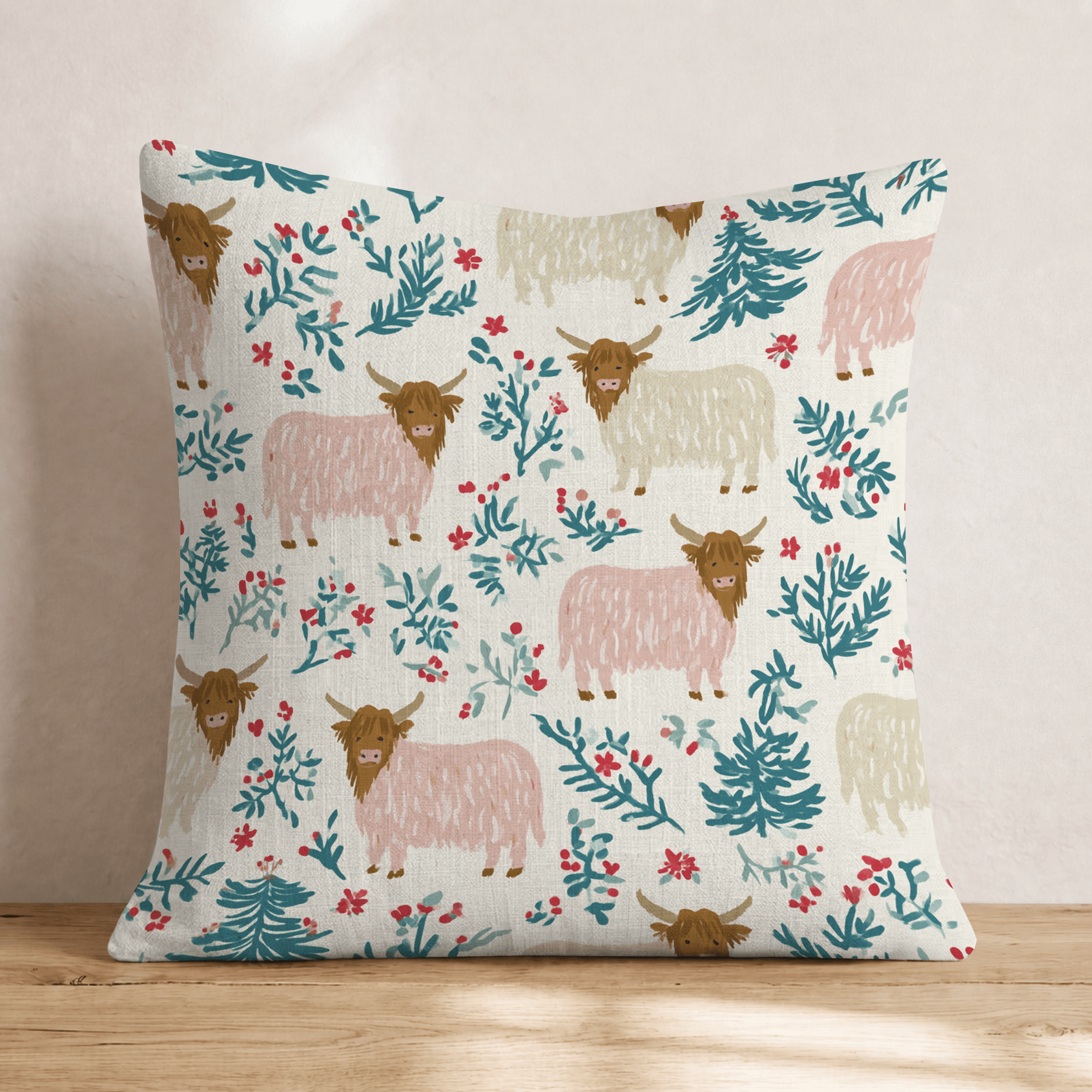 Deck the Halls with Highland Cows Throw Pillow - Hillcroft Home