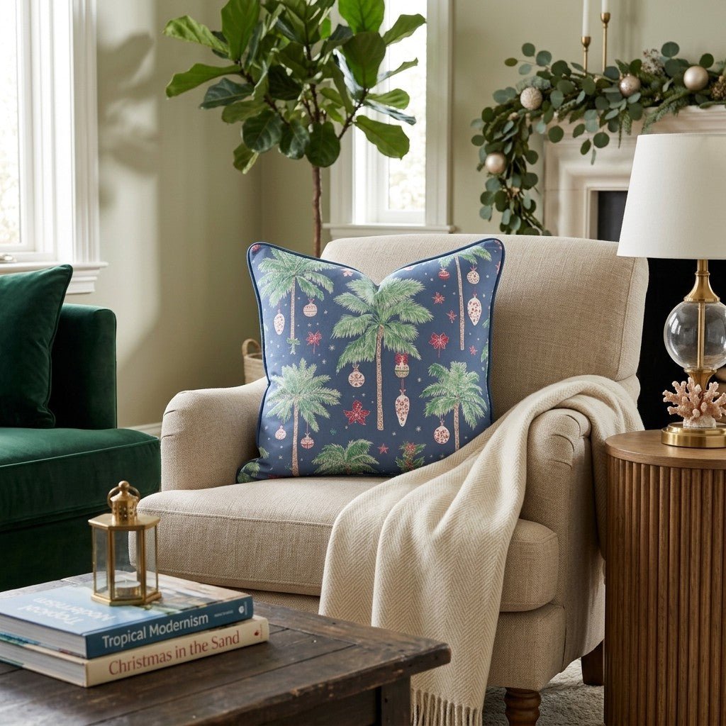 Decorated Palm Navy Throw Pillow - Hillcroft Home