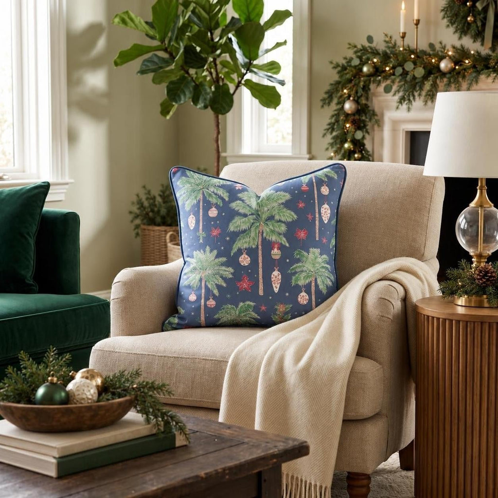 Decorated Palm Navy Throw Pillow throw pillow - Hillcroft Home