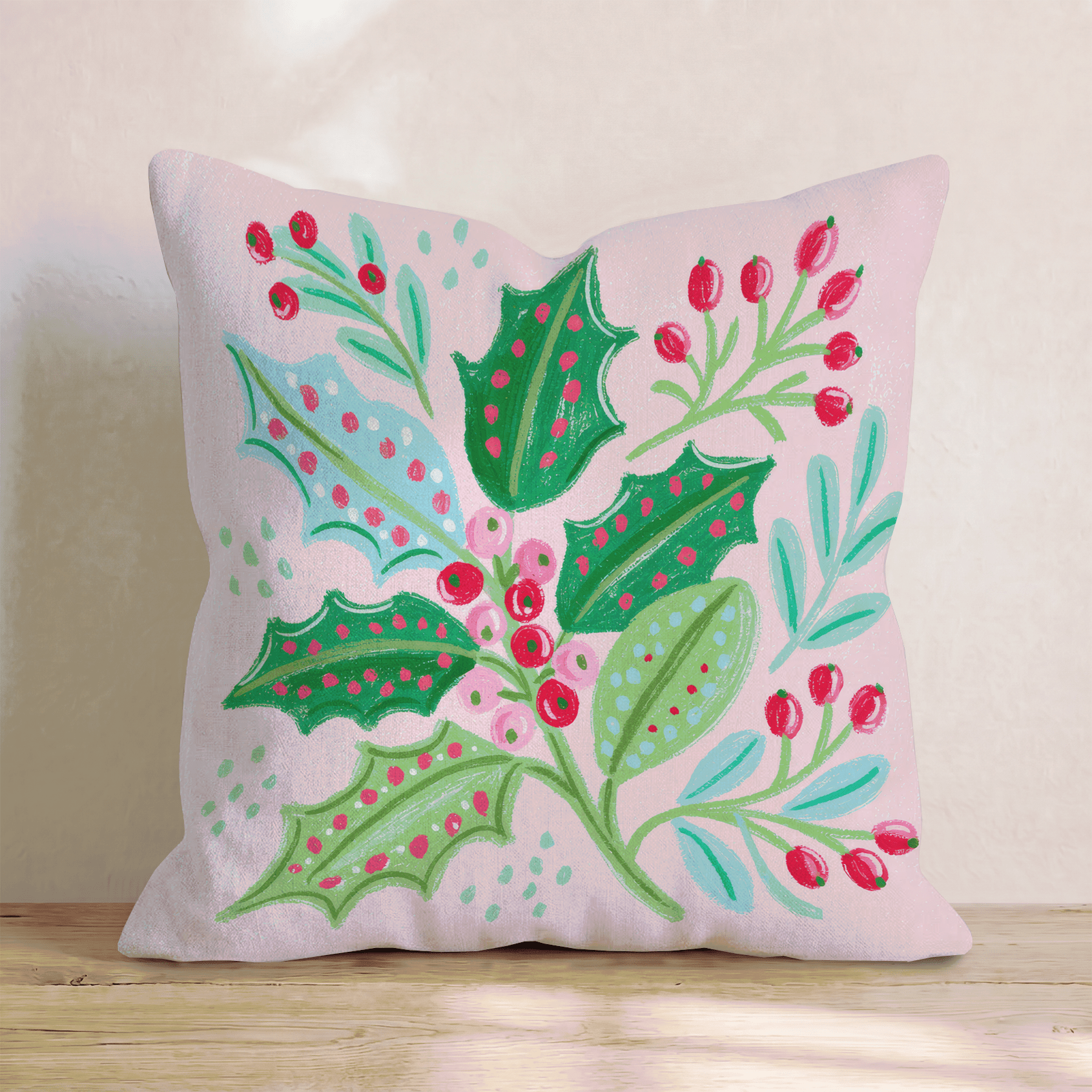 Dotted Holly Sprigs Throw Pillow - Hillcroft Home