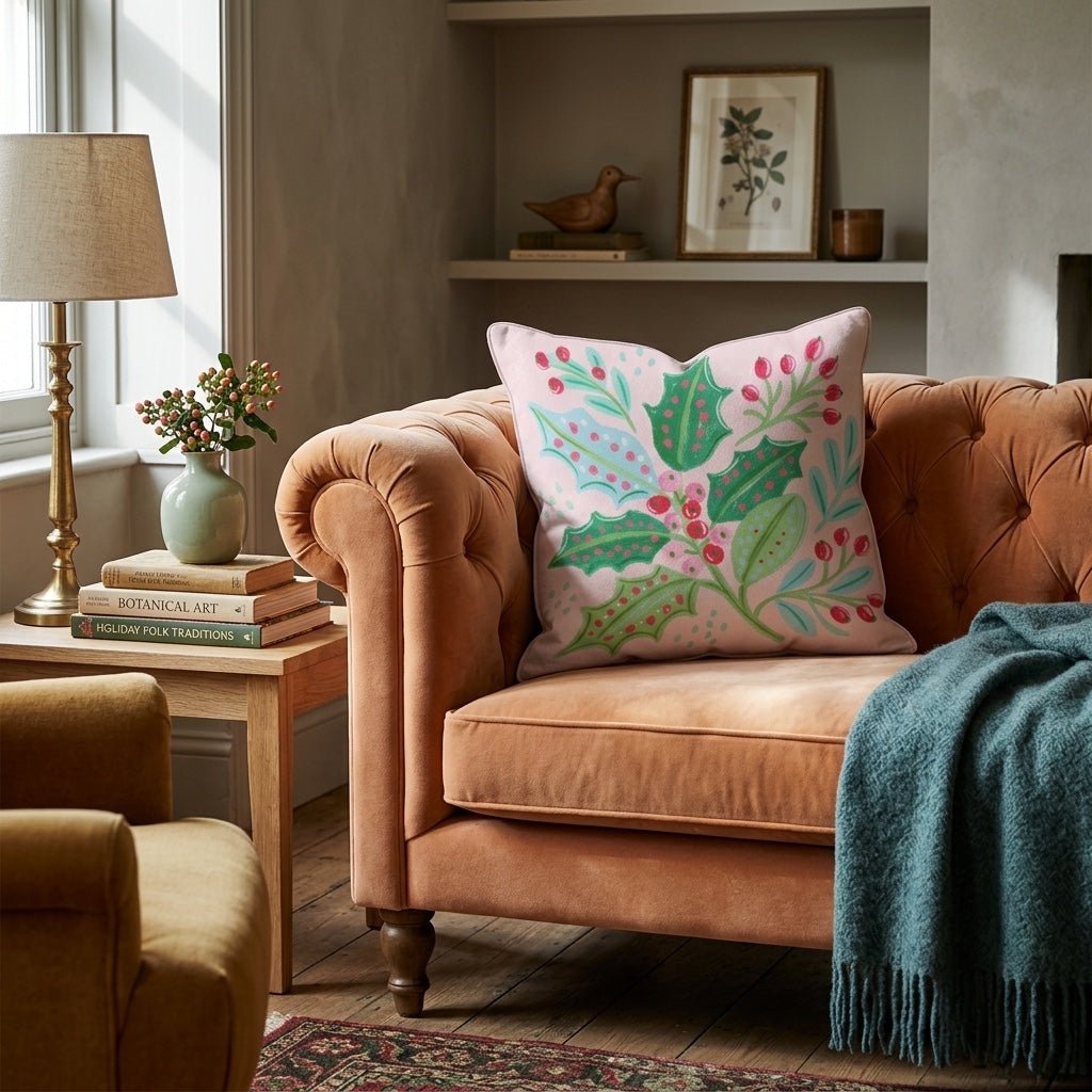 Dotted Holly Sprigs Throw Pillow - Hillcroft Home