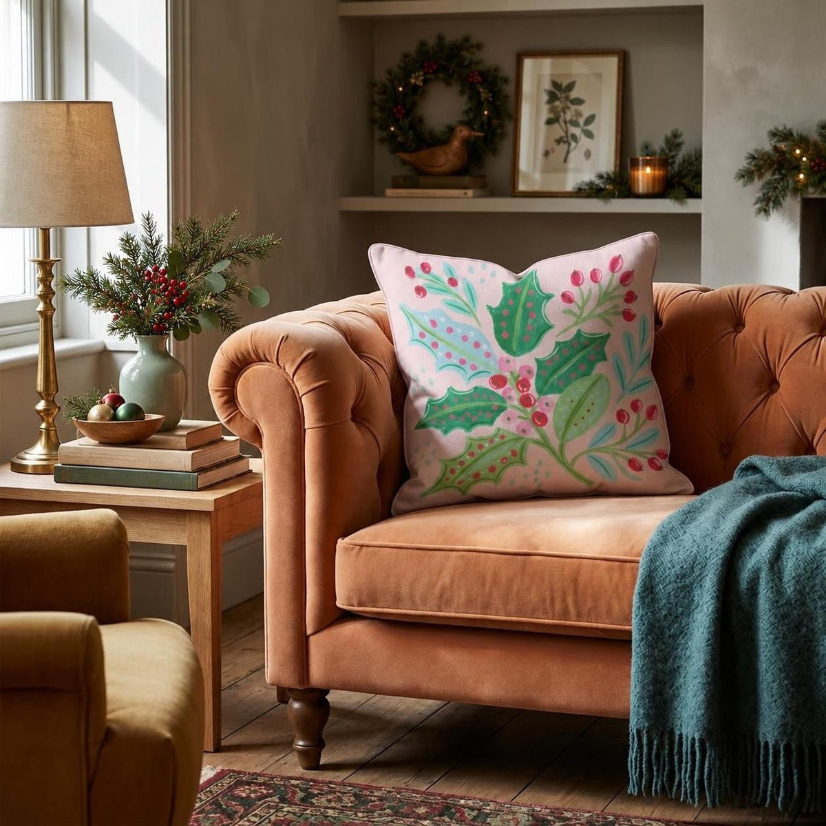Dotted Holly Sprigs Throw Pillow throw pillow - Hillcroft Home