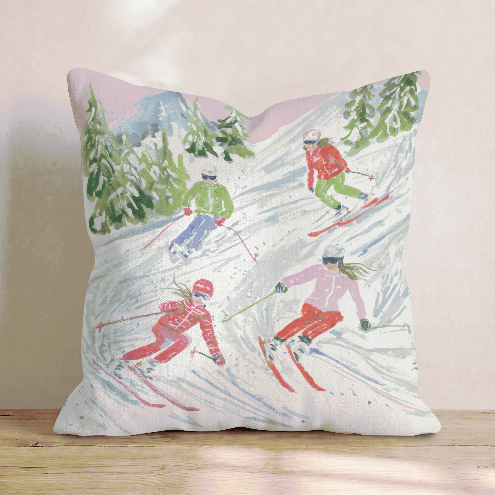 Downhill Skiers Slope Throw Pillow - Hillcroft Home