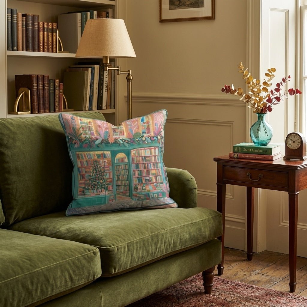 Emerald Storefront Bookshelves Throw Pillow - Hillcroft Home