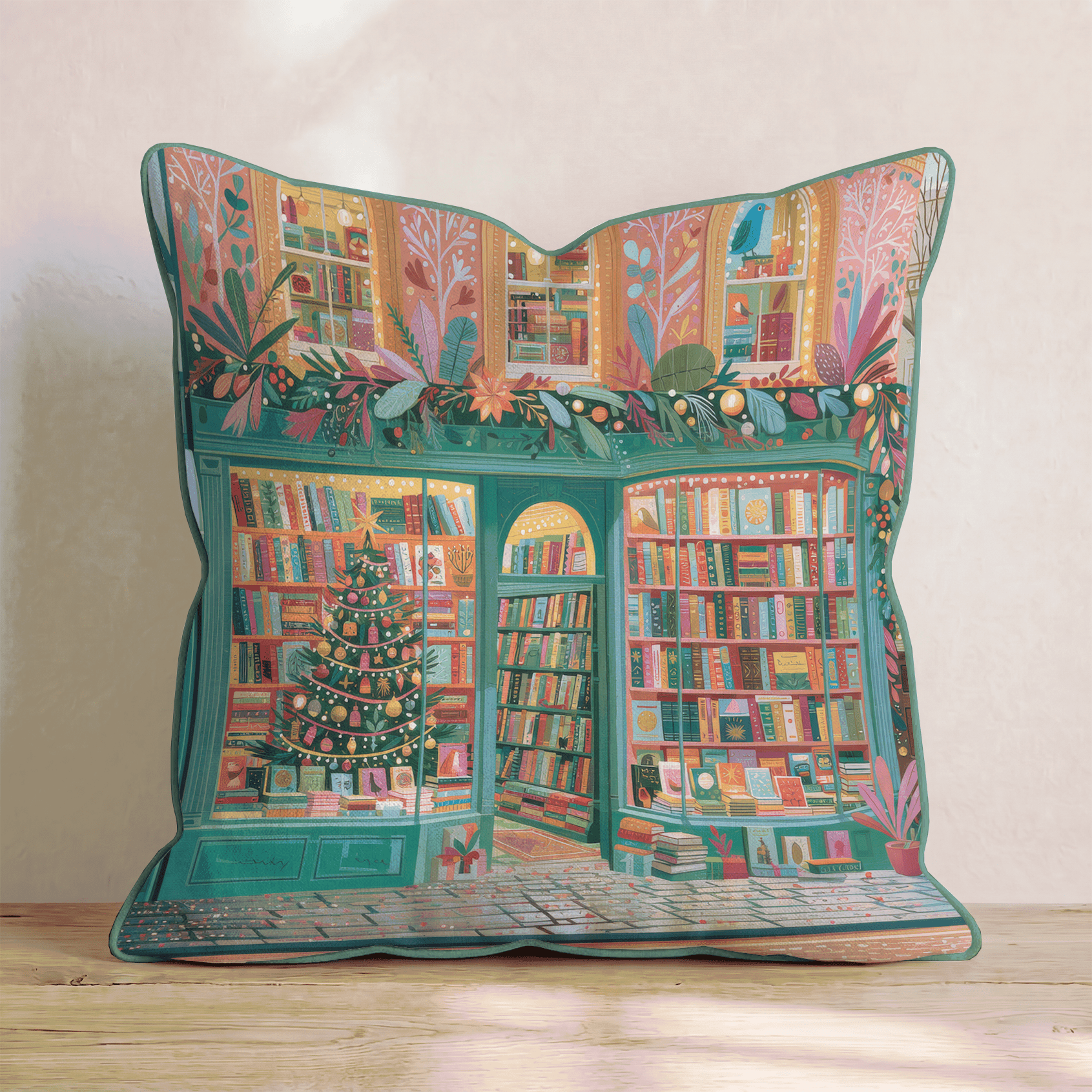 Emerald Storefront Bookshelves Throw Pillow - Hillcroft Home