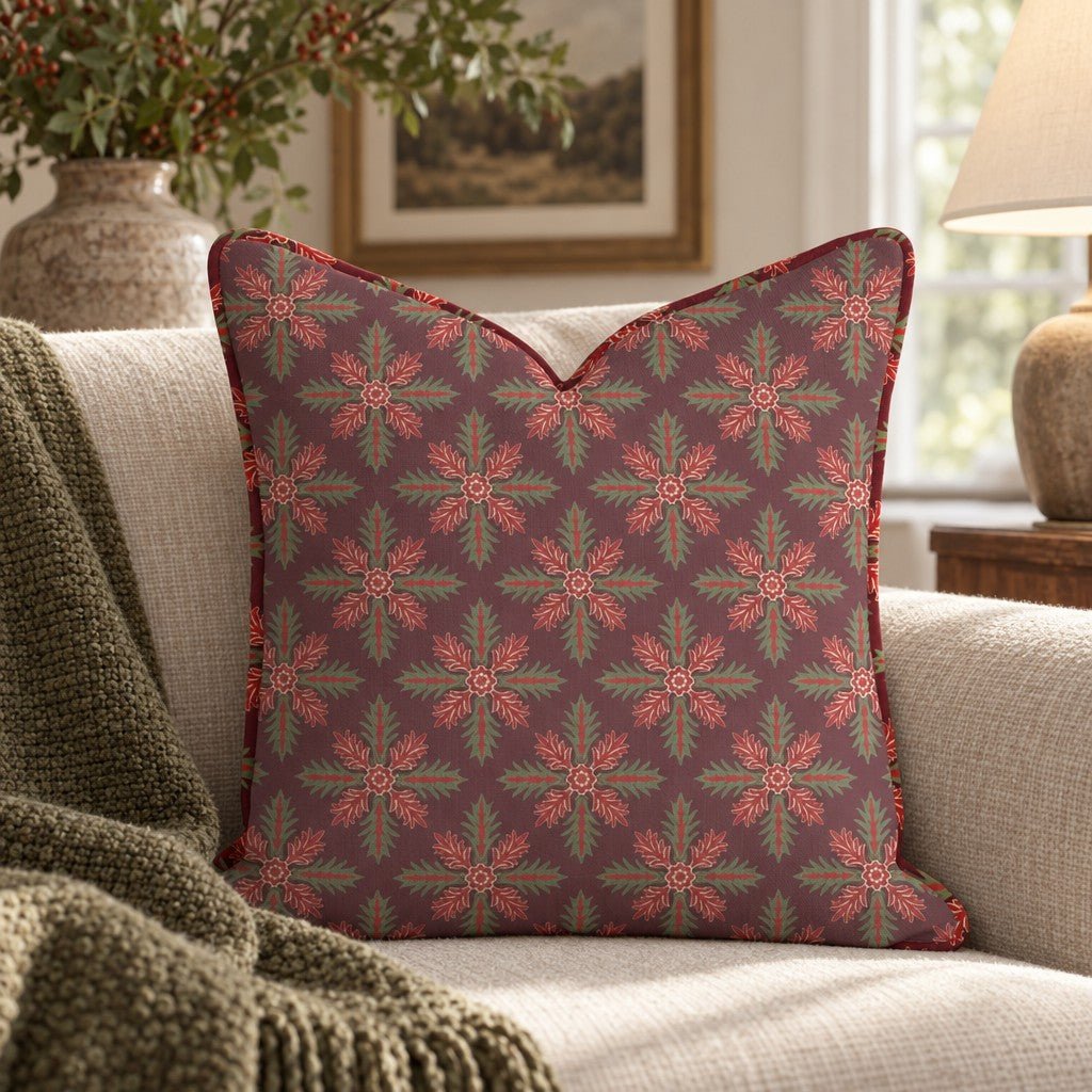 Evergreen Compass in Cranberry Throw Pillow throw pillow - Hillcroft Home