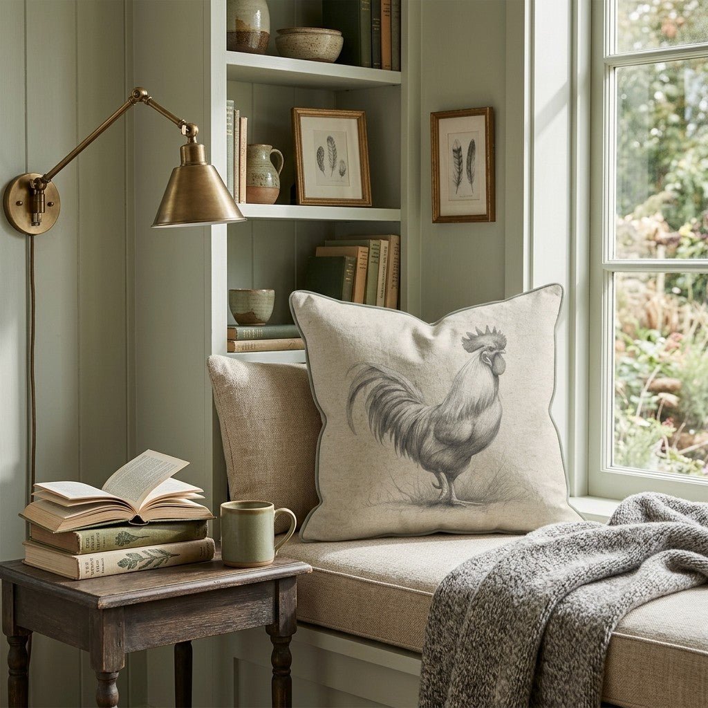Farmhouse Rooster Sketch Throw Pillow - Hillcroft Home