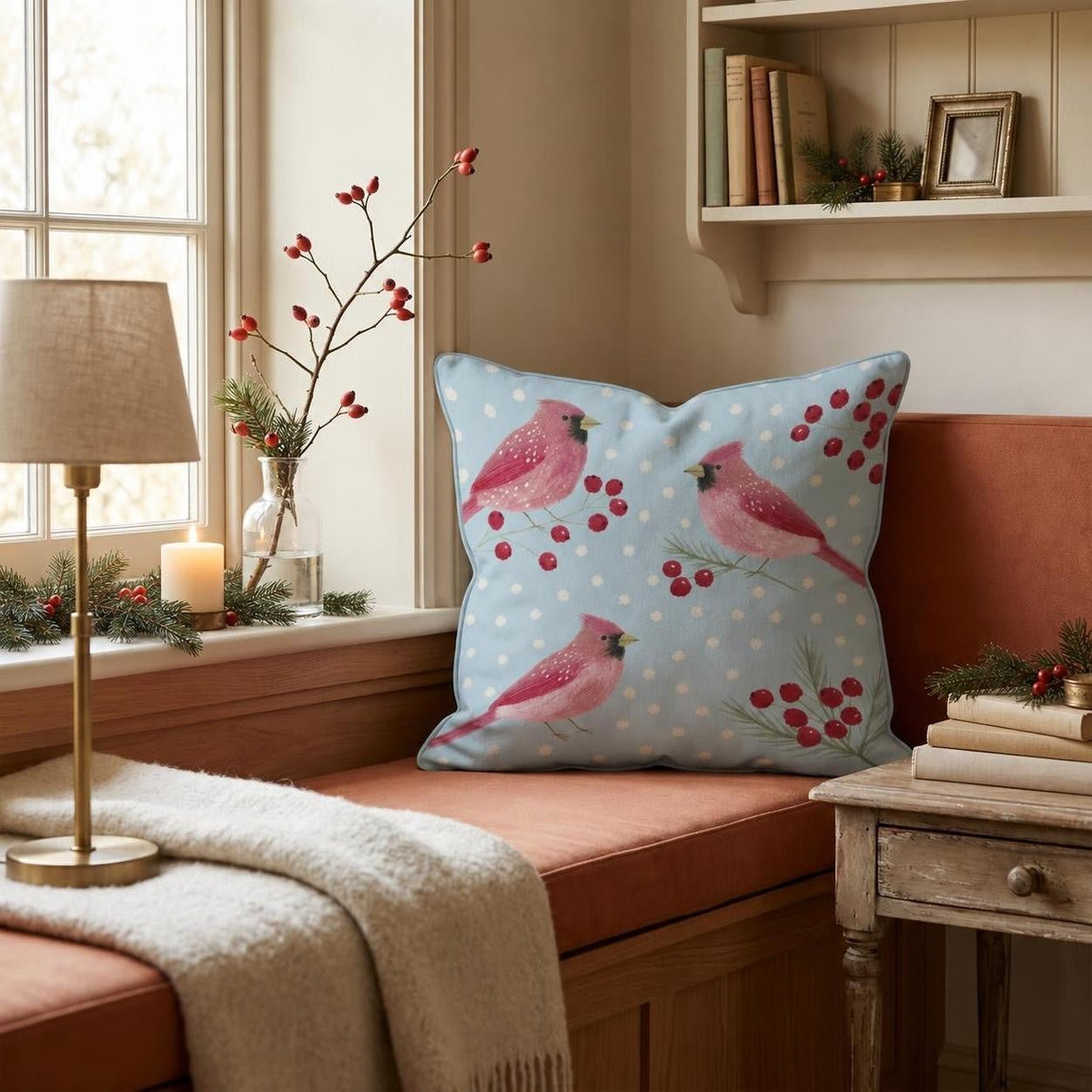 Festive Cardinal Throw Pillow throw pillow - Hillcroft Home