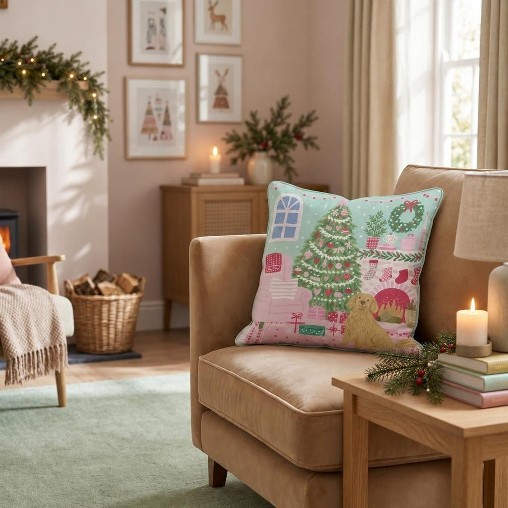Fireside Stocking Golden Retriever Throw Pillow throw pillow - Hillcroft Home