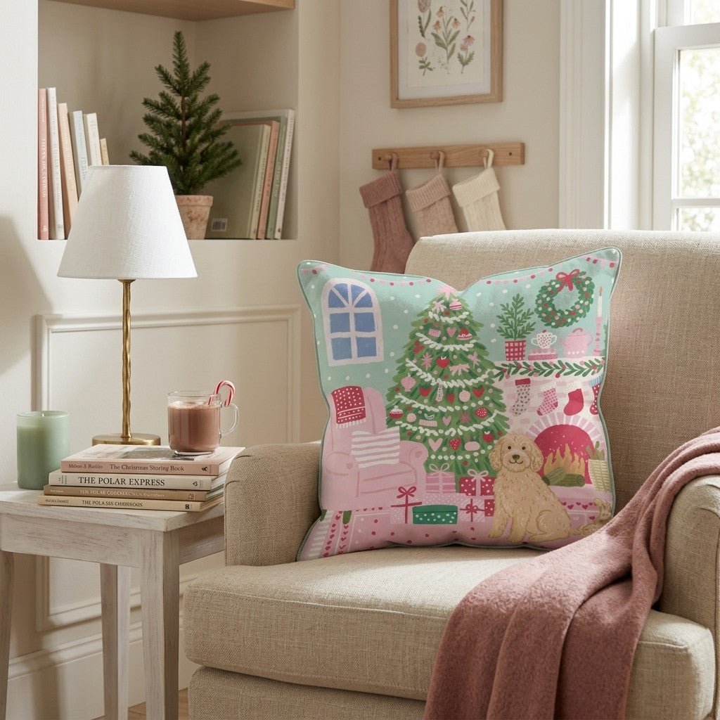 Fireside Stocking Goldendoodle Throw Pillow - Hillcroft Home