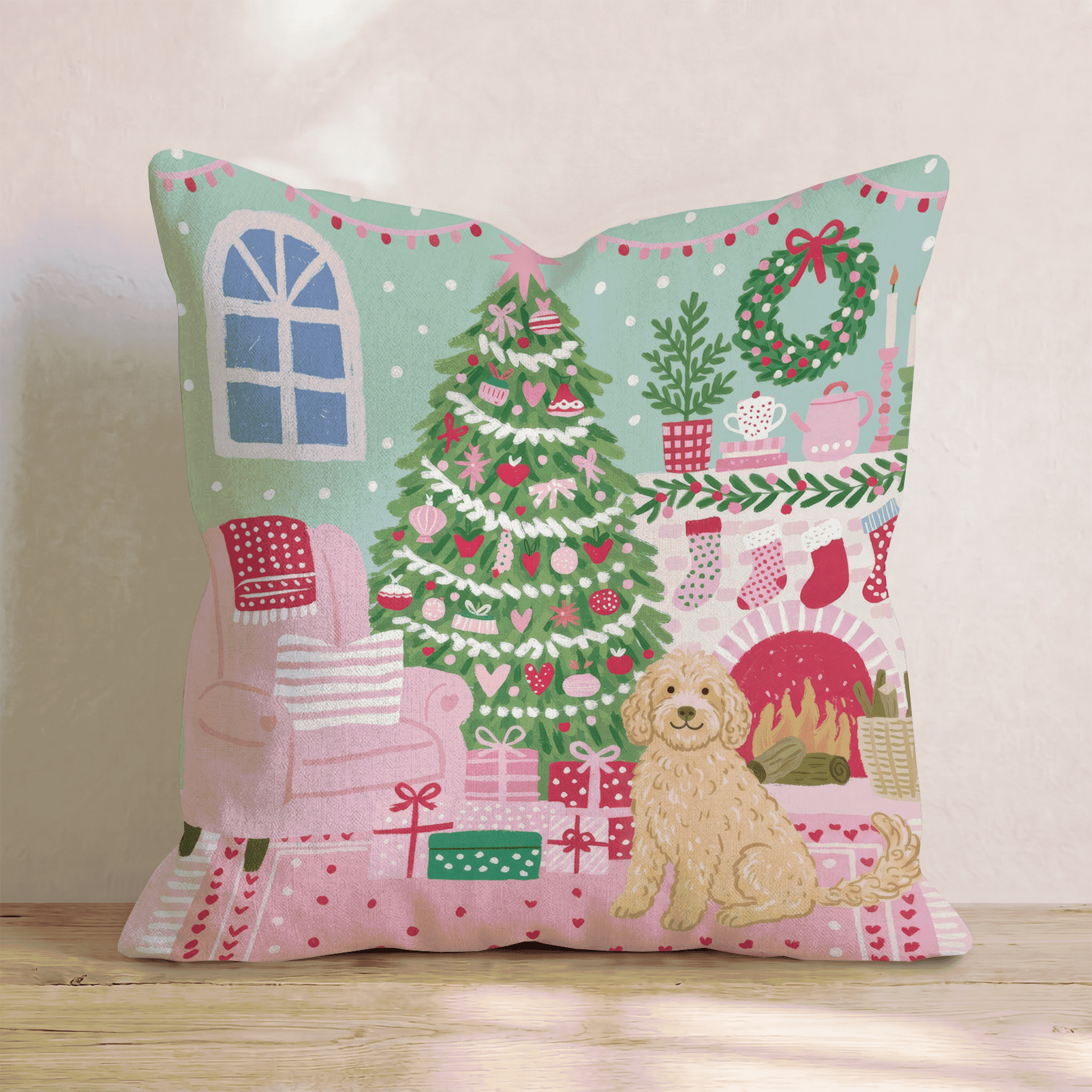 Fireside Stocking Goldendoodle Throw Pillow - Hillcroft Home