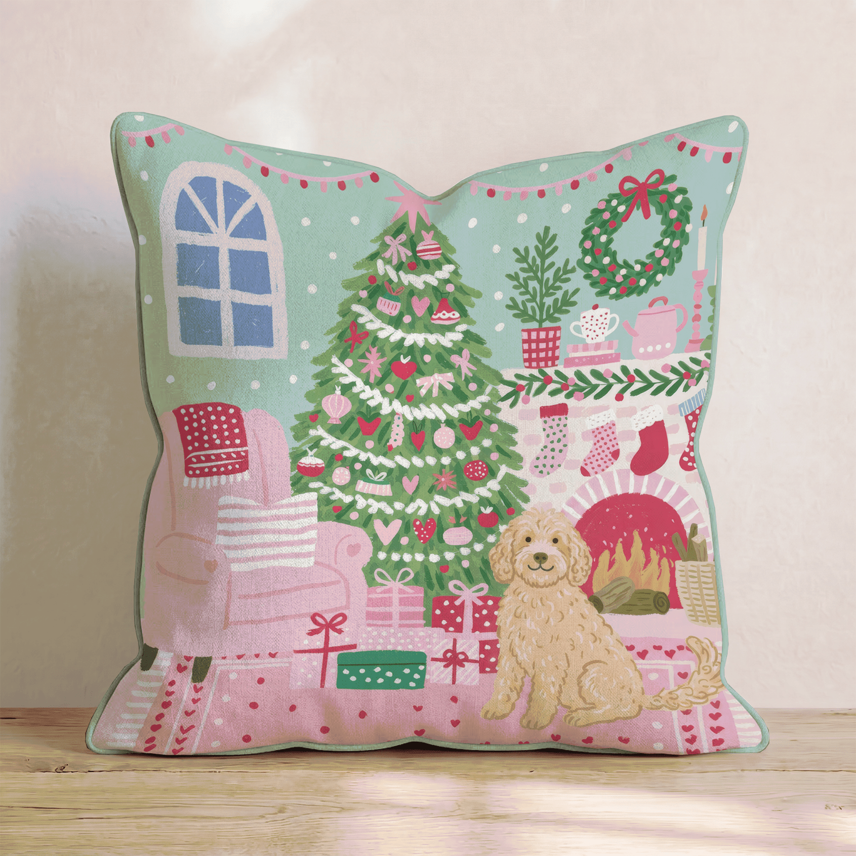 Fireside Stocking Goldendoodle Throw Pillow - Hillcroft Home