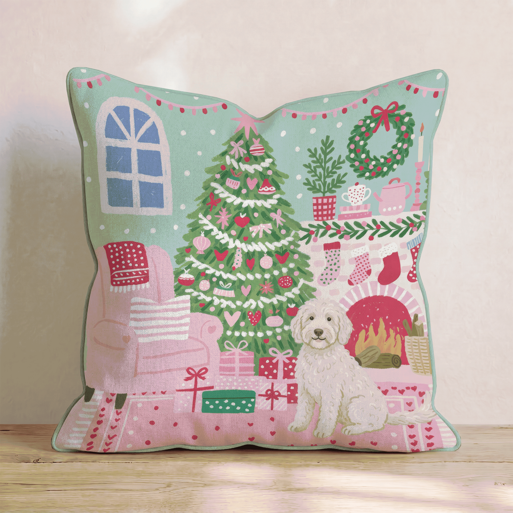 Fireside Stocking Labradoodle Throw Pillow - Hillcroft Home