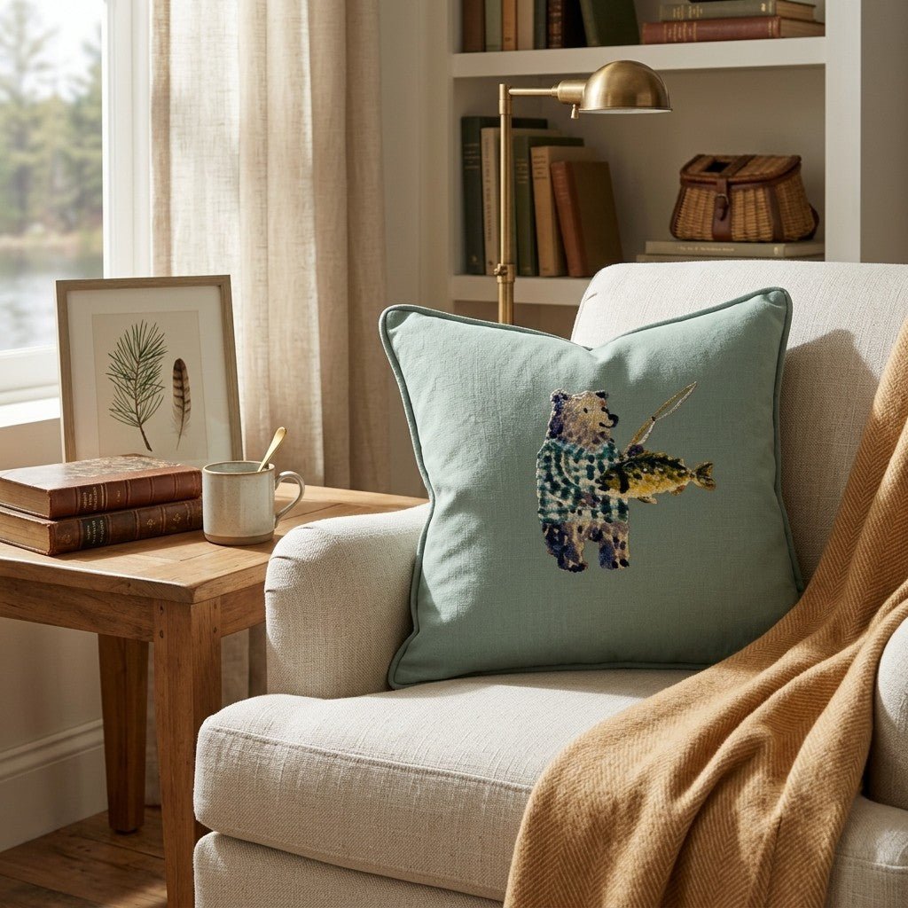 Fishing Bear Throw Pillow - Hillcroft Home