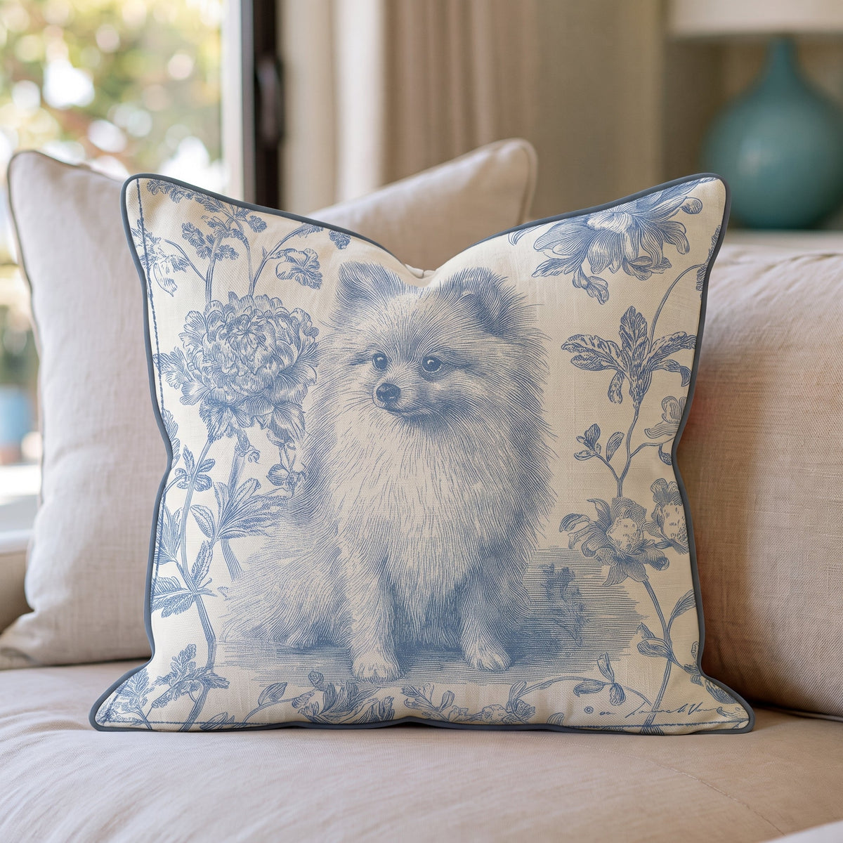 Floral Blue Pom Throw Pillow throw pillow - Hillcroft Home