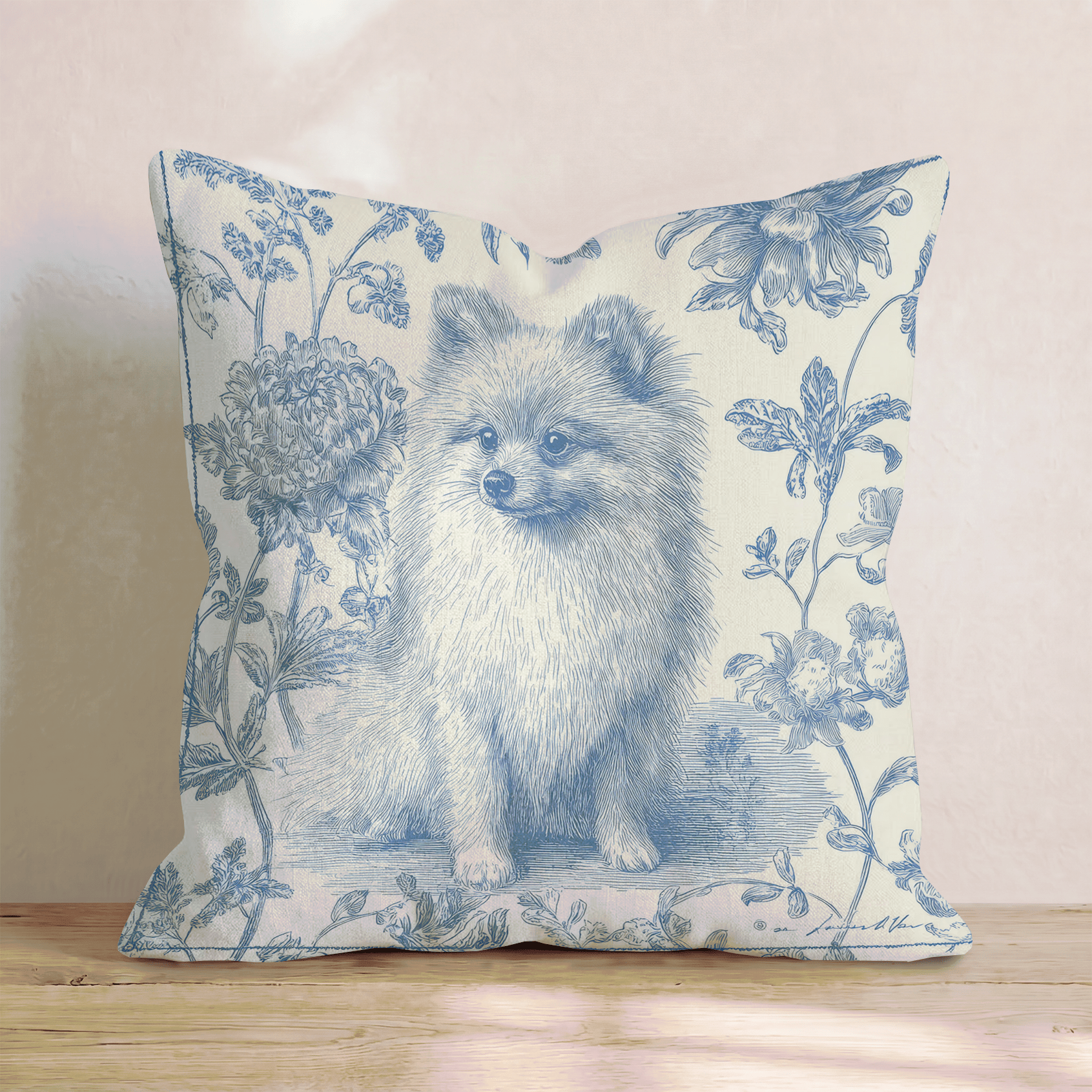 Floral Blue Pom Throw Pillow - Hillcroft Home