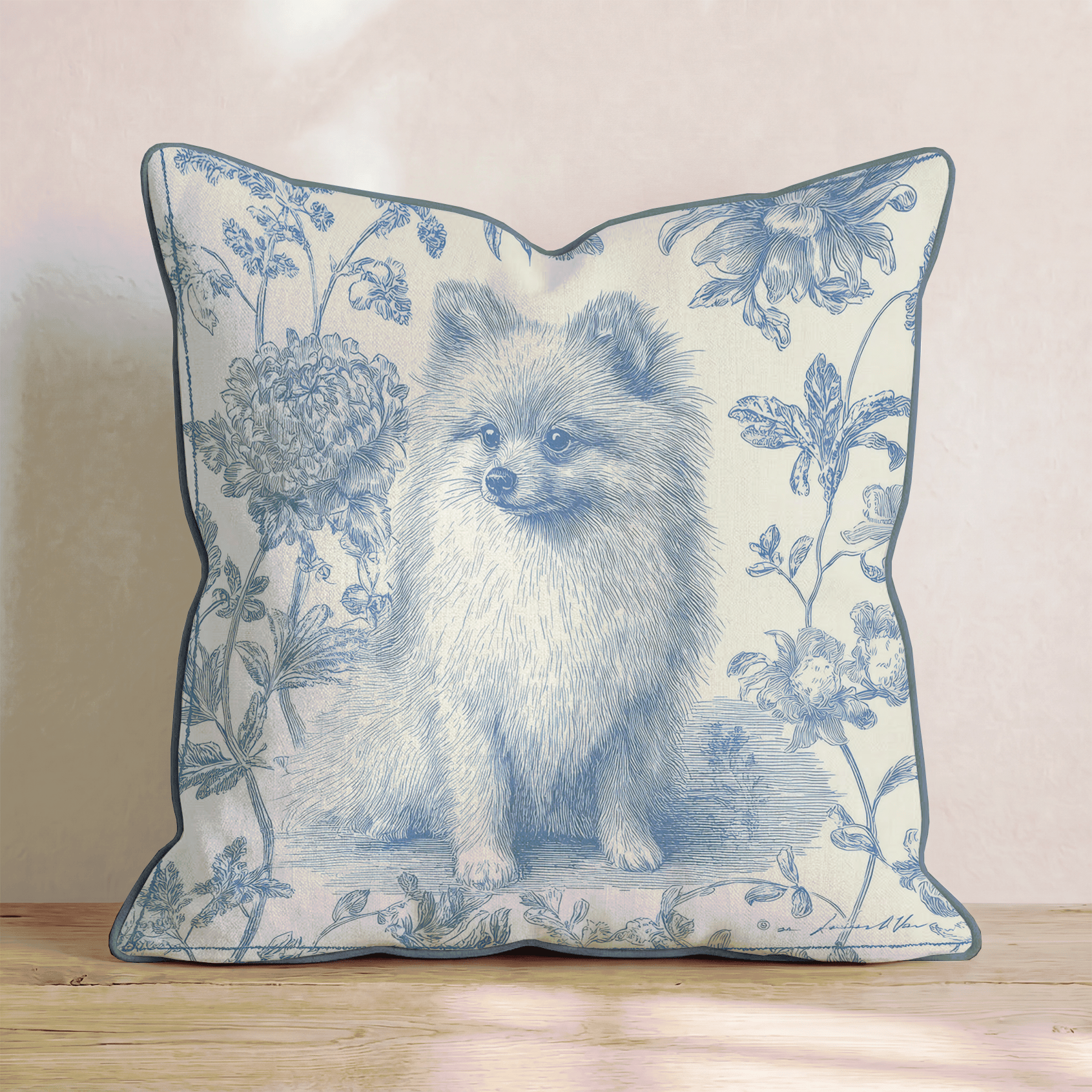 Floral Blue Pom Throw Pillow - Hillcroft Home