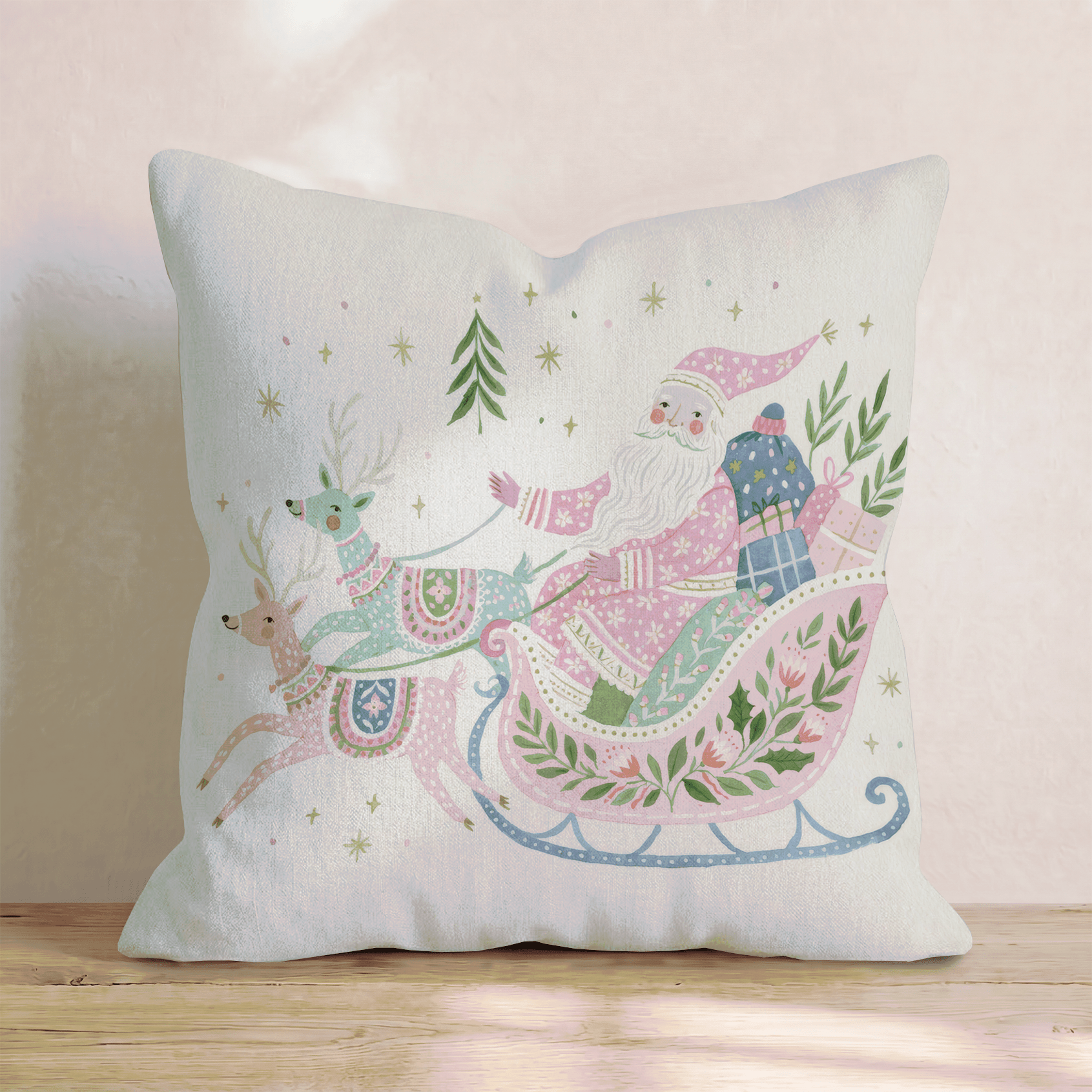 Folk Floral Santa Sleigh Throw Pillow - Hillcroft Home