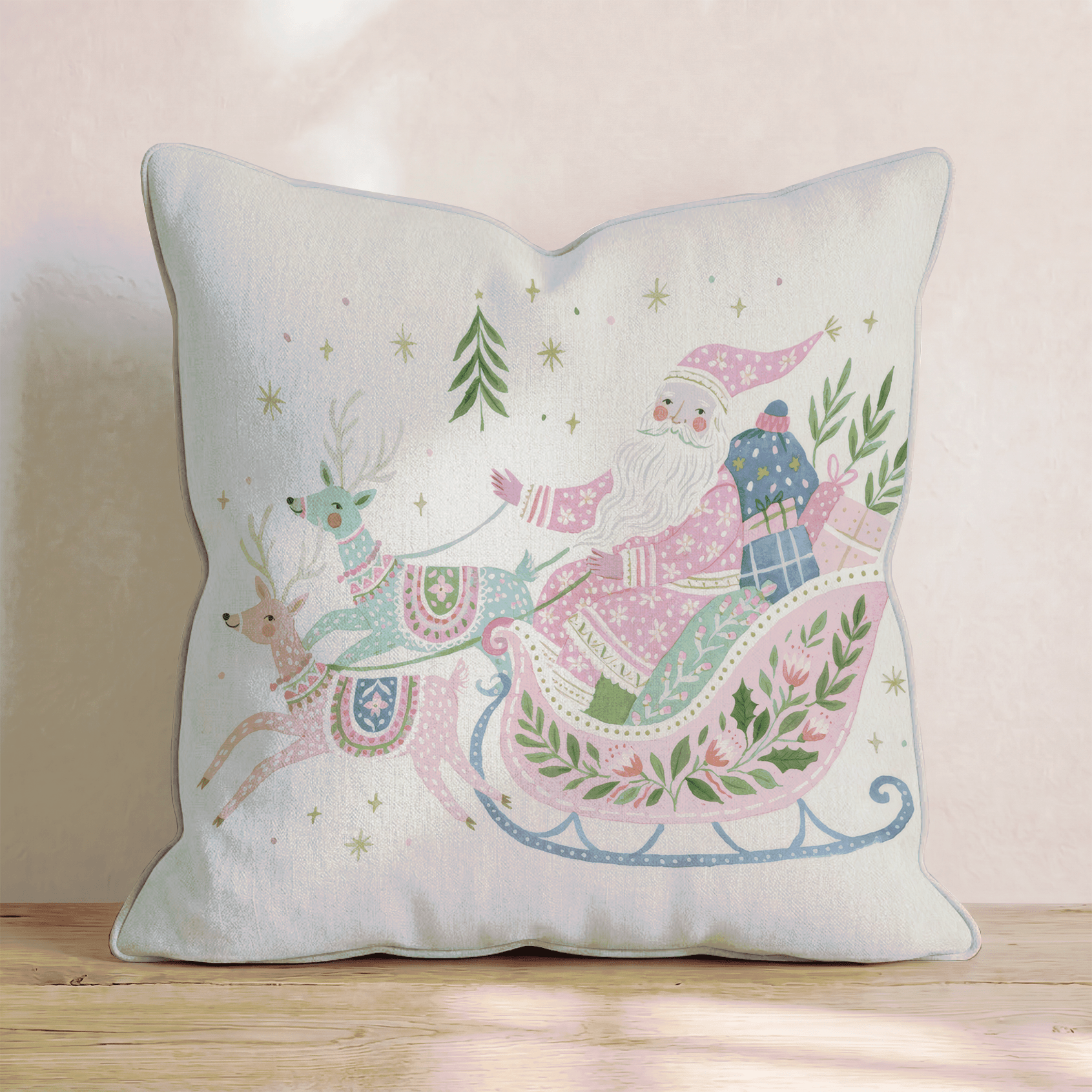 Folk Floral Santa Sleigh Throw Pillow - Hillcroft Home