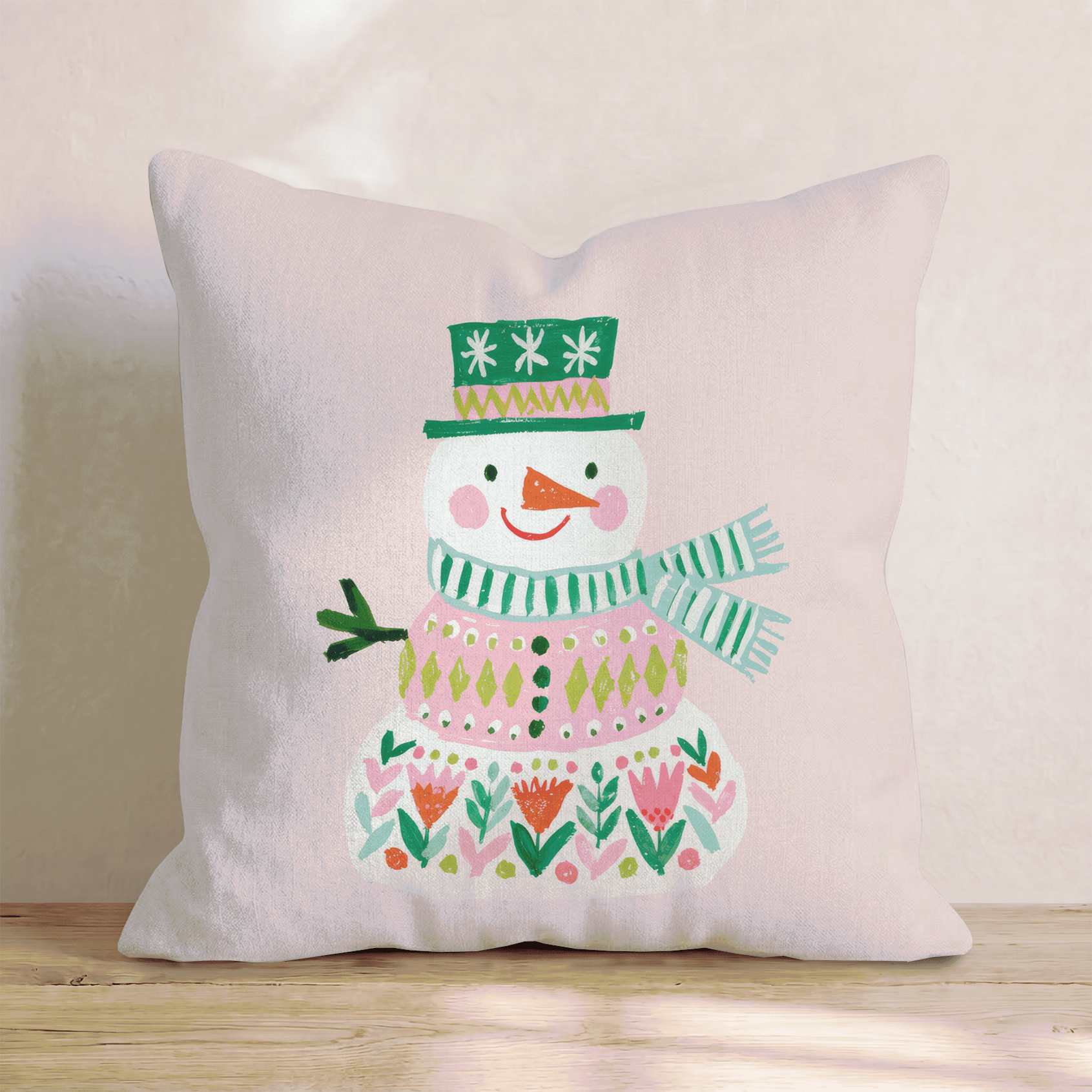 Folk Flower Snowman Throw Pillow - Hillcroft Home