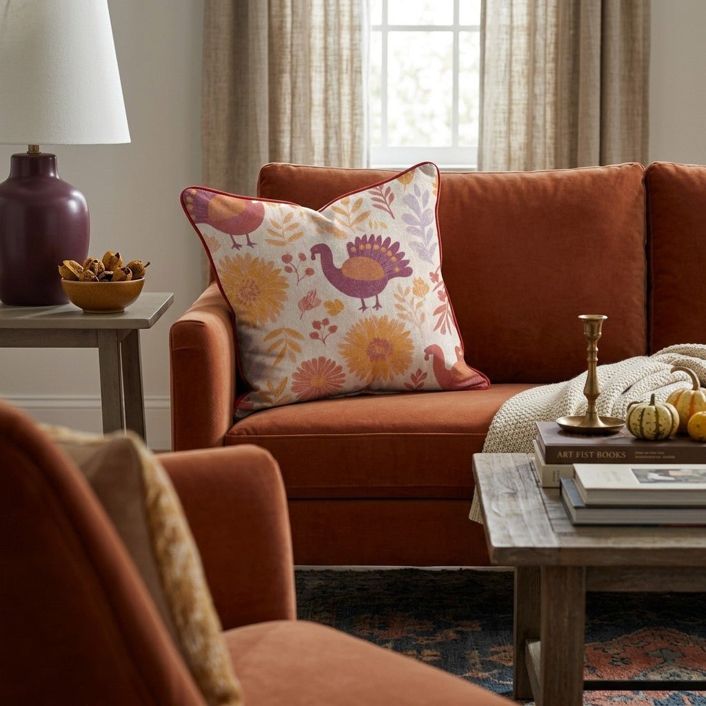 Folk Harvest Turkeys Throw Pillow - Hillcroft Home
