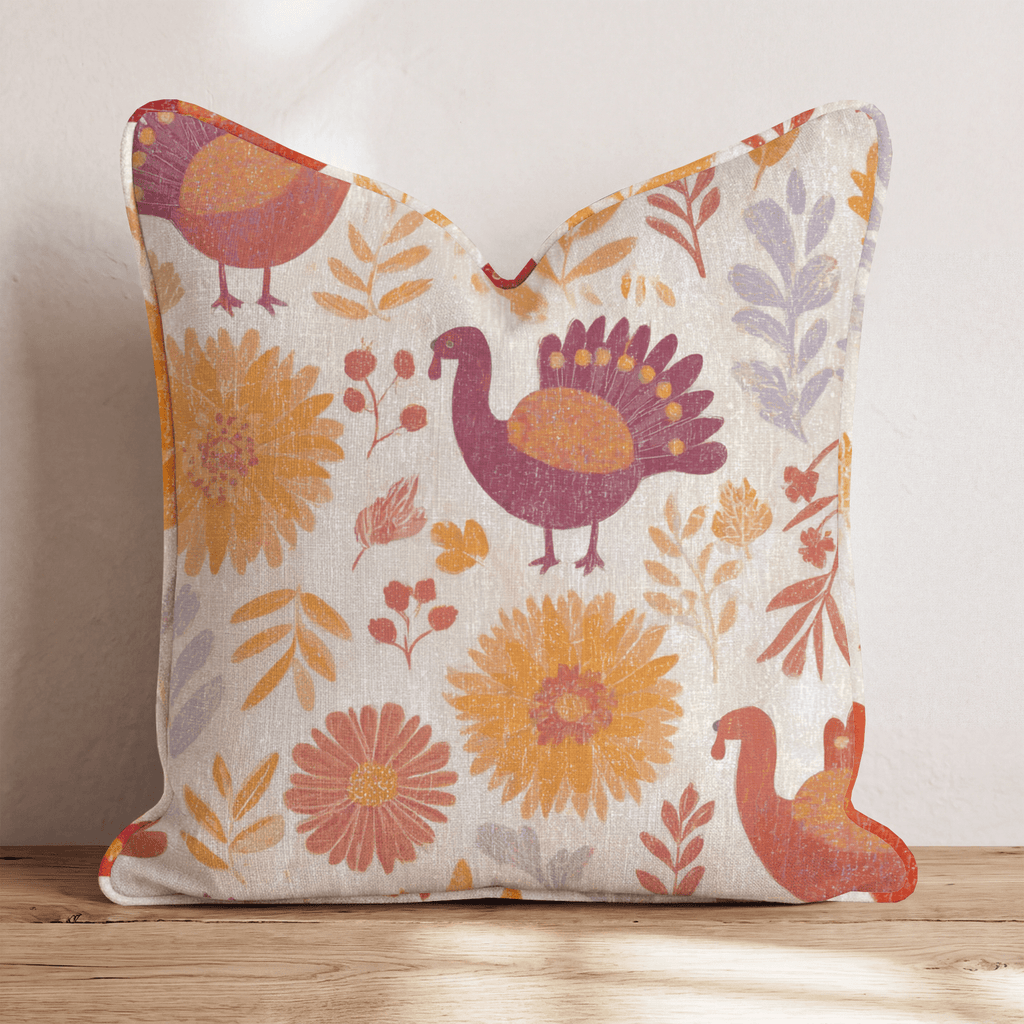 Folk Harvest Turkeys Throw Pillow - Hillcroft Home