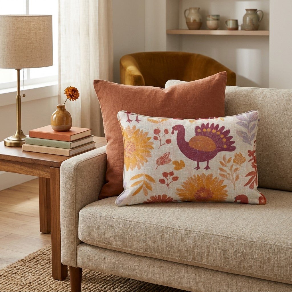 Folk Harvest Turkeys Throw Pillow - Hillcroft Home