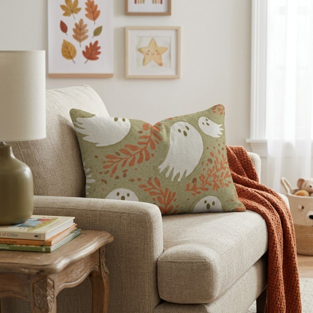 Folky Ghosts on Sage Throw Pillow - Hillcroft Home