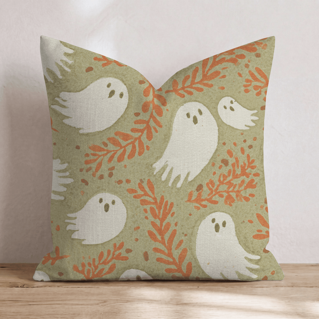 Folky Ghosts on Sage Throw Pillow - Hillcroft Home