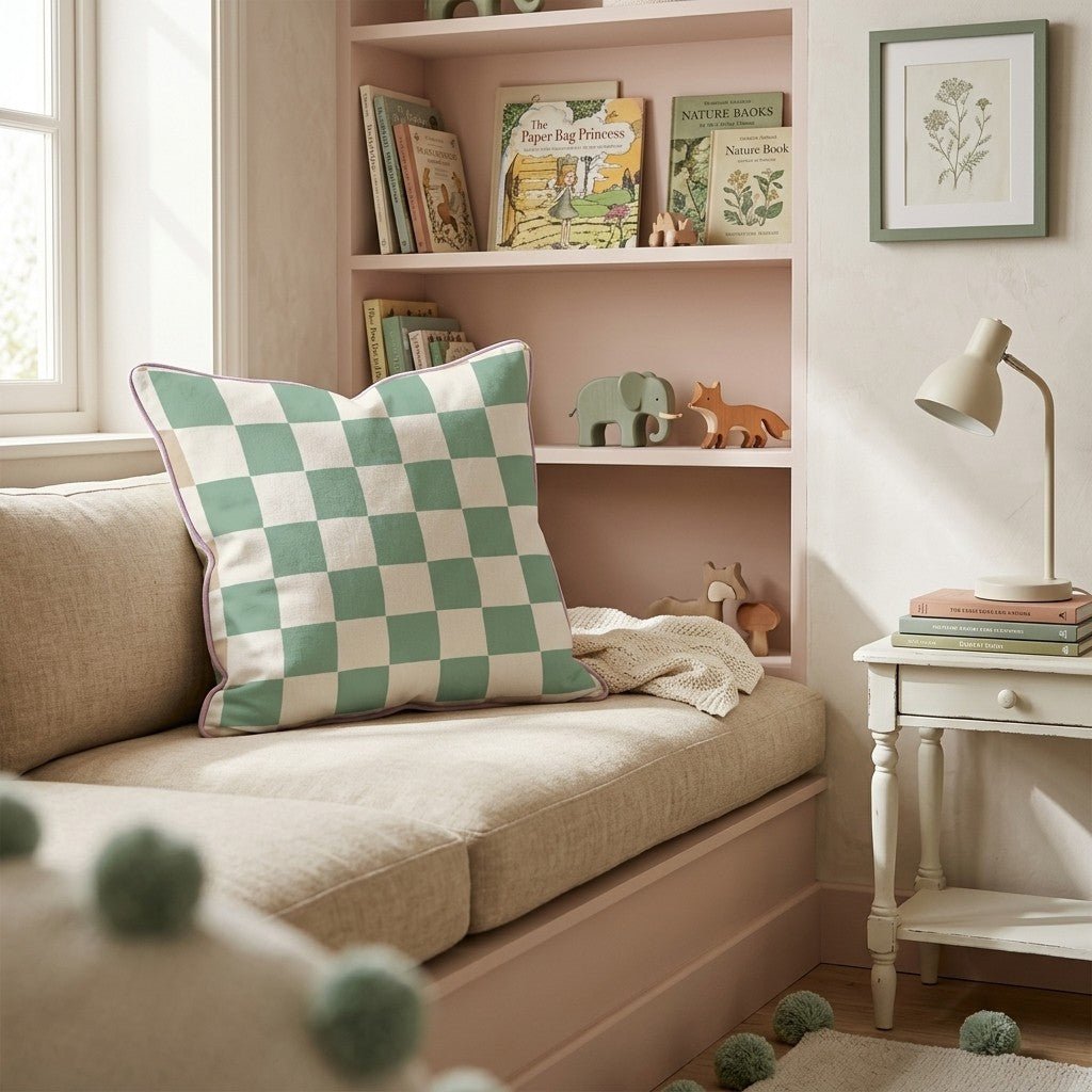 Forest Cream Checker Throw Pillow - Hillcroft Home
