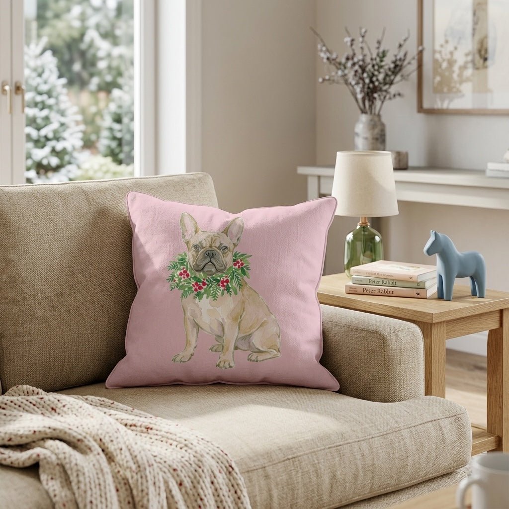French Bulldog Berry Wreath Throw Pillow - Hillcroft Home