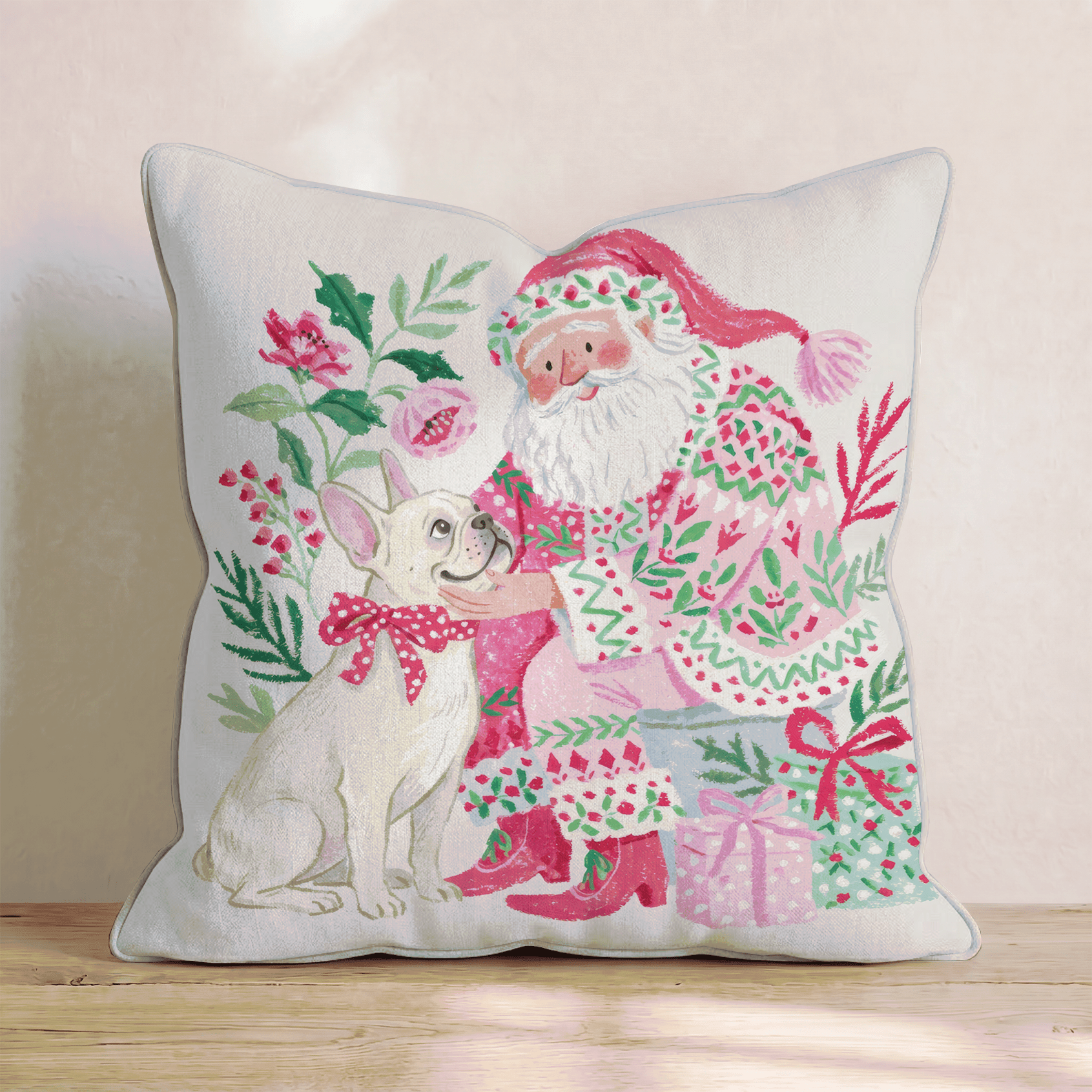 French Bulldog with Santa Throw Pillow - Hillcroft Home