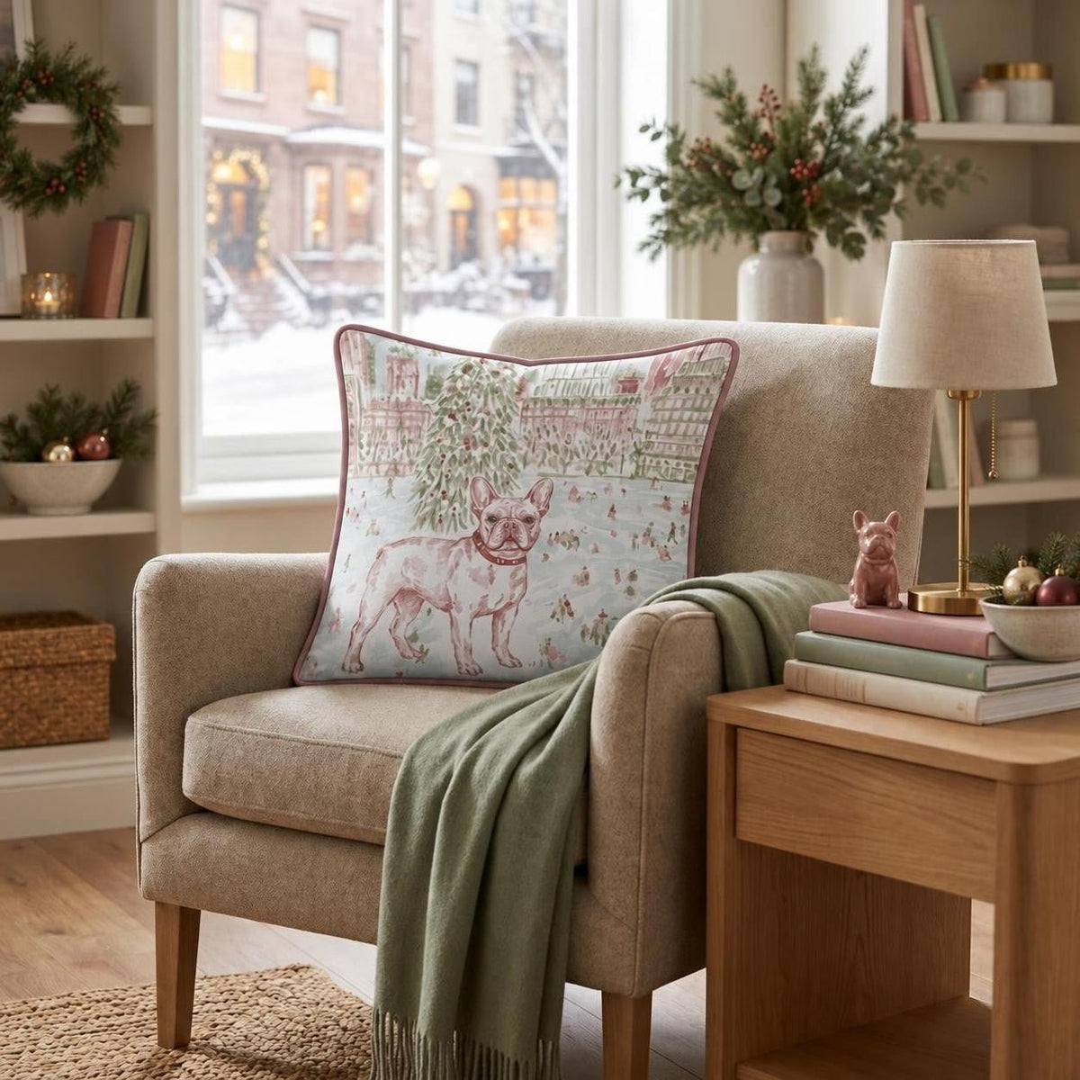 Frenchie NYC Christmas Central Park Throw Pillow throw pillow - Hillcroft Home