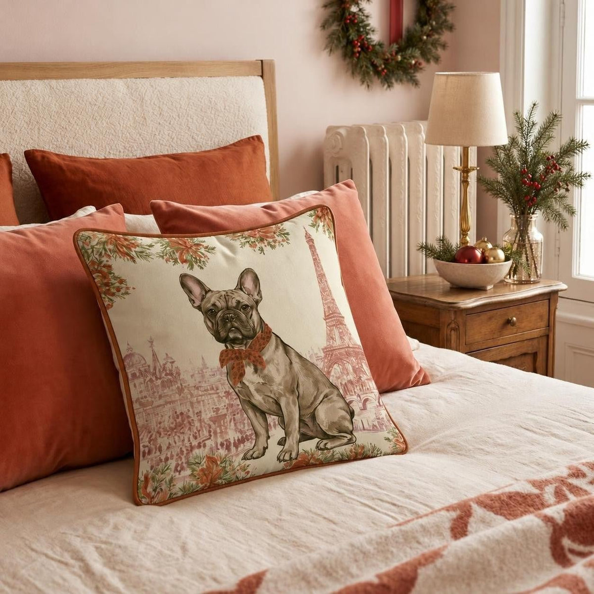 Frenchie Paris Christmas Eve Throw Pillow throw pillow - Hillcroft Home