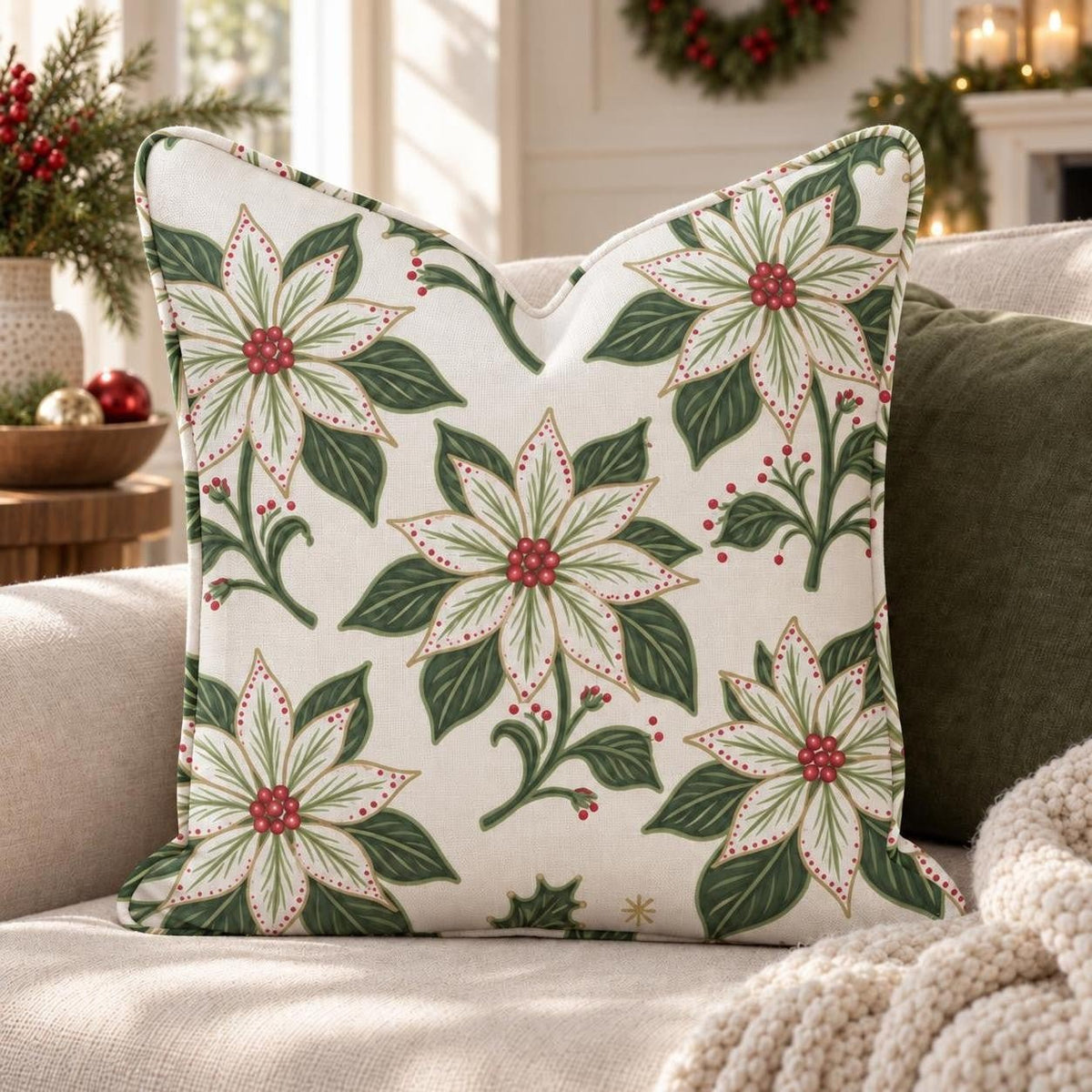 Frosted Poinsettia Throw Pillow throw pillow - Hillcroft Home