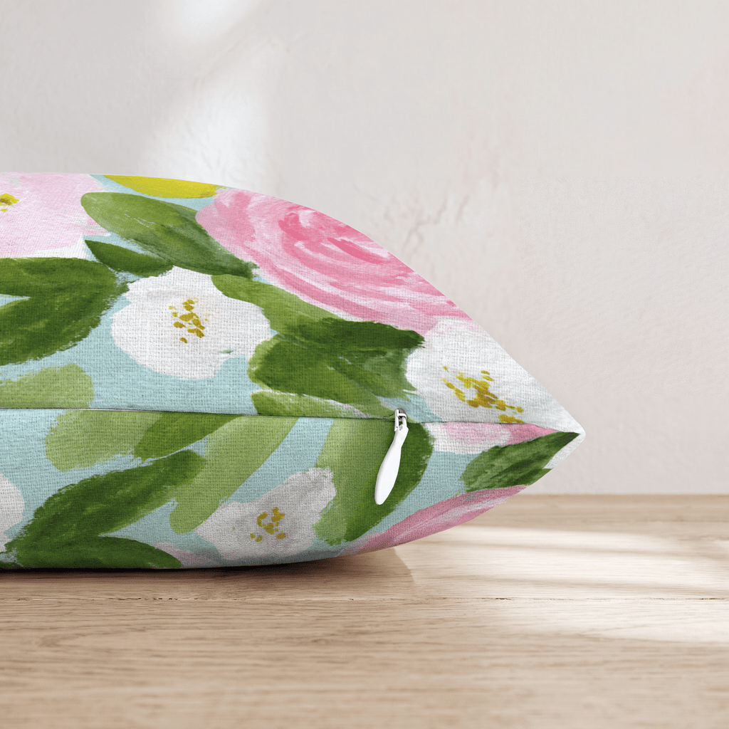 Garden Rose Mint Throw Pillow - Hillcroft Home