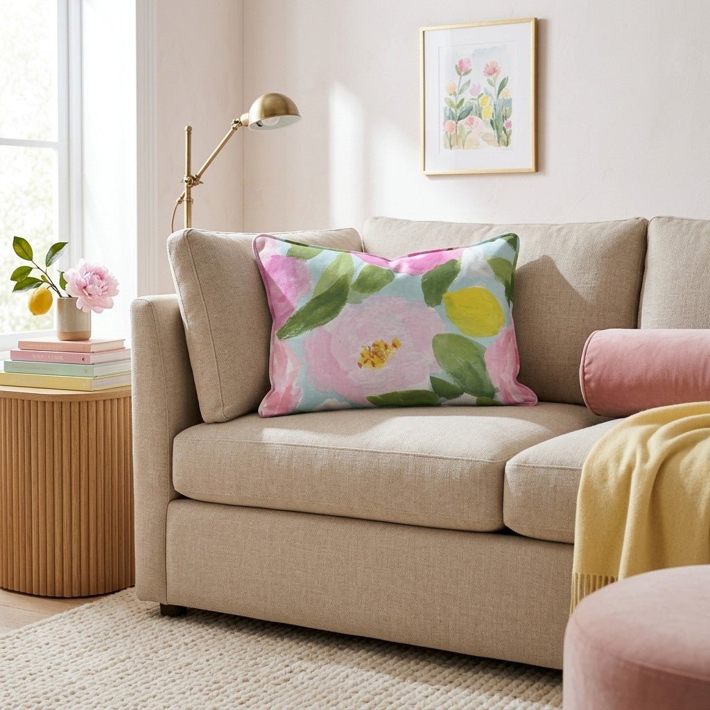Garden Rose Mint Throw Pillow - Hillcroft Home