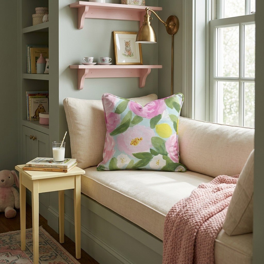 Garden Rose Mint Throw Pillow - Hillcroft Home