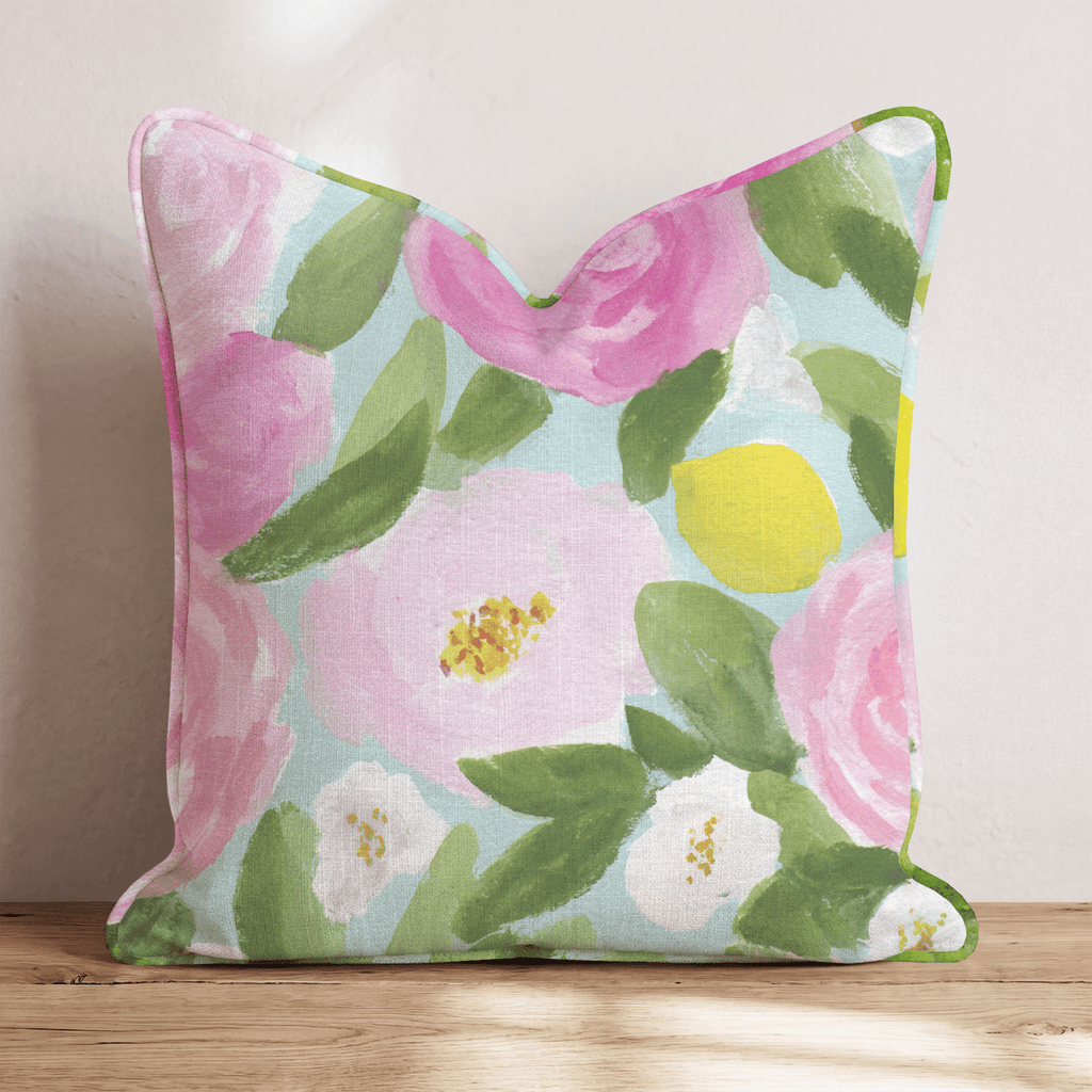 Garden Rose Mint Throw Pillow - Hillcroft Home