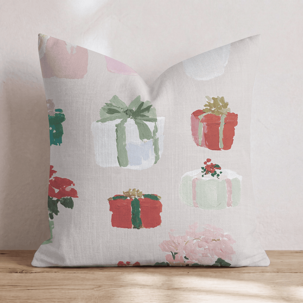 Gifts and Poinsettia Linen Throw Pillow - Hillcroft Home