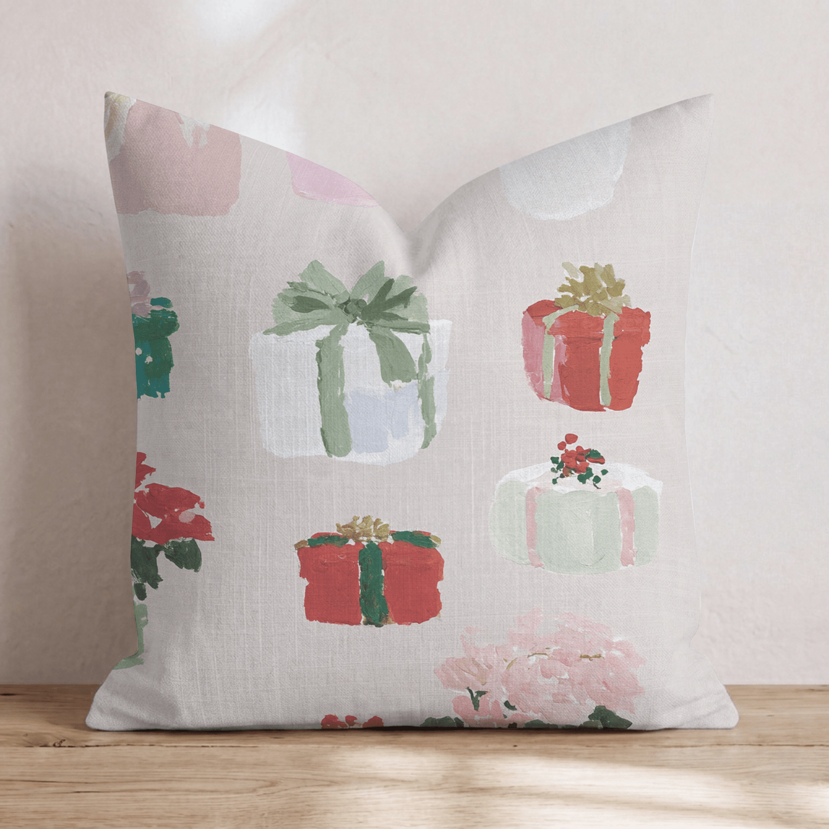 Gifts and Poinsettia Linen Throw Pillow - Hillcroft Home