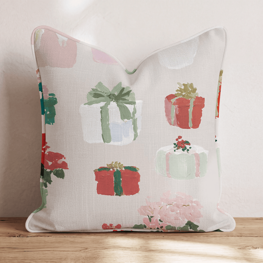 Gifts and Poinsettia Linen Throw Pillow - Hillcroft Home