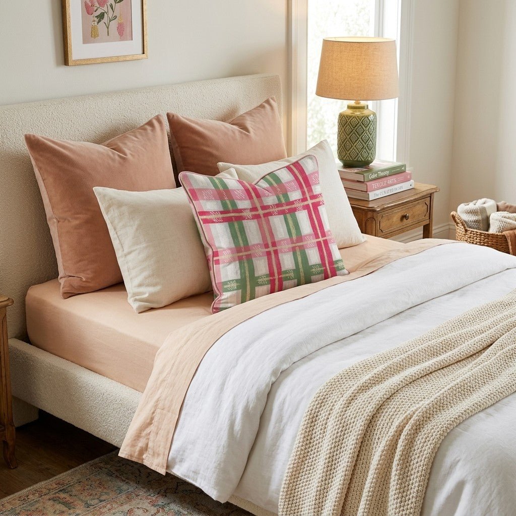 Gilded Blush Tartan Throw Pillow - Hillcroft Home